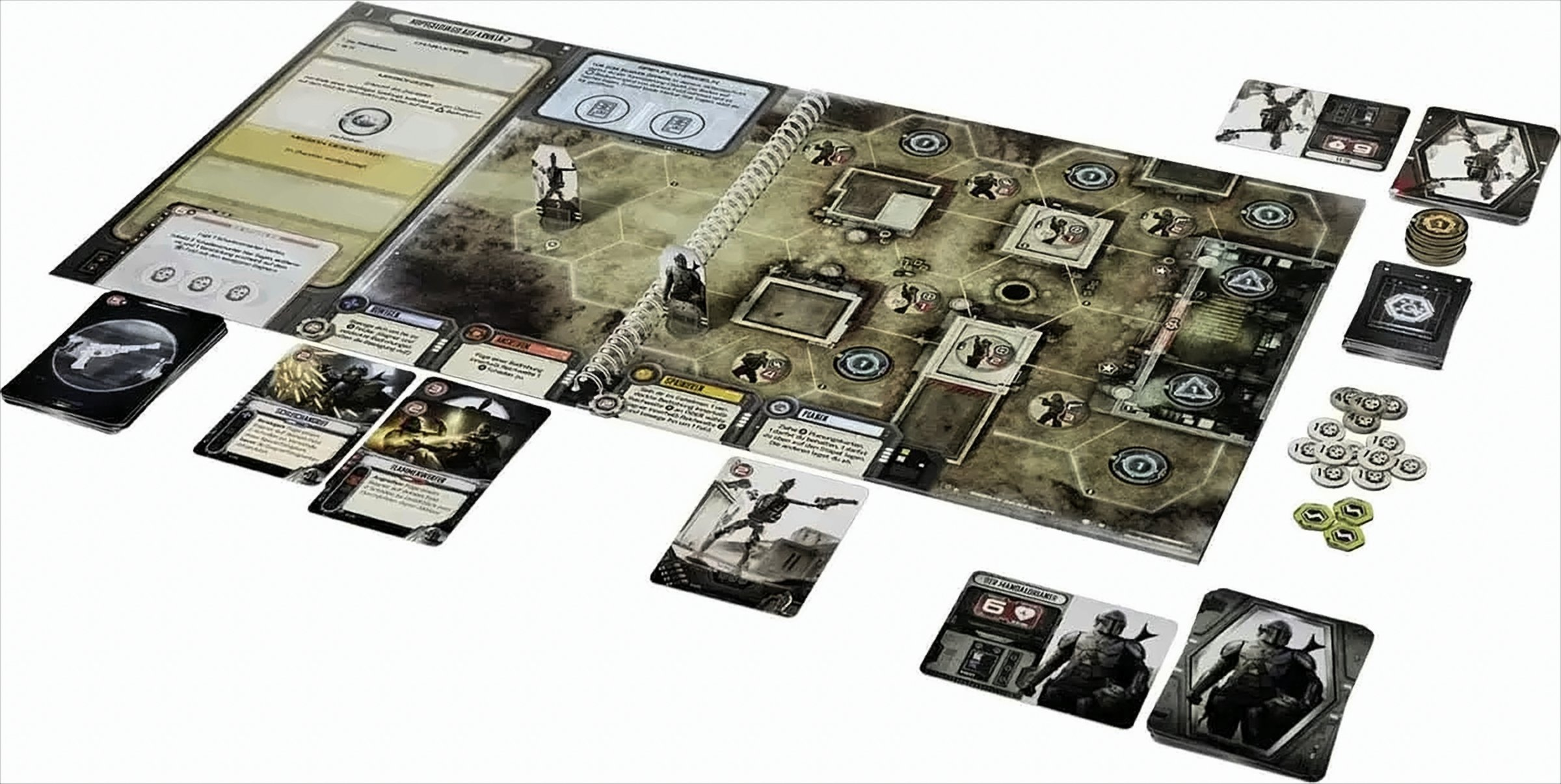 Ein Brettspiel mit Karten, Spielsteinen und einem Spielbrett auf einer weißen Oberfläche.