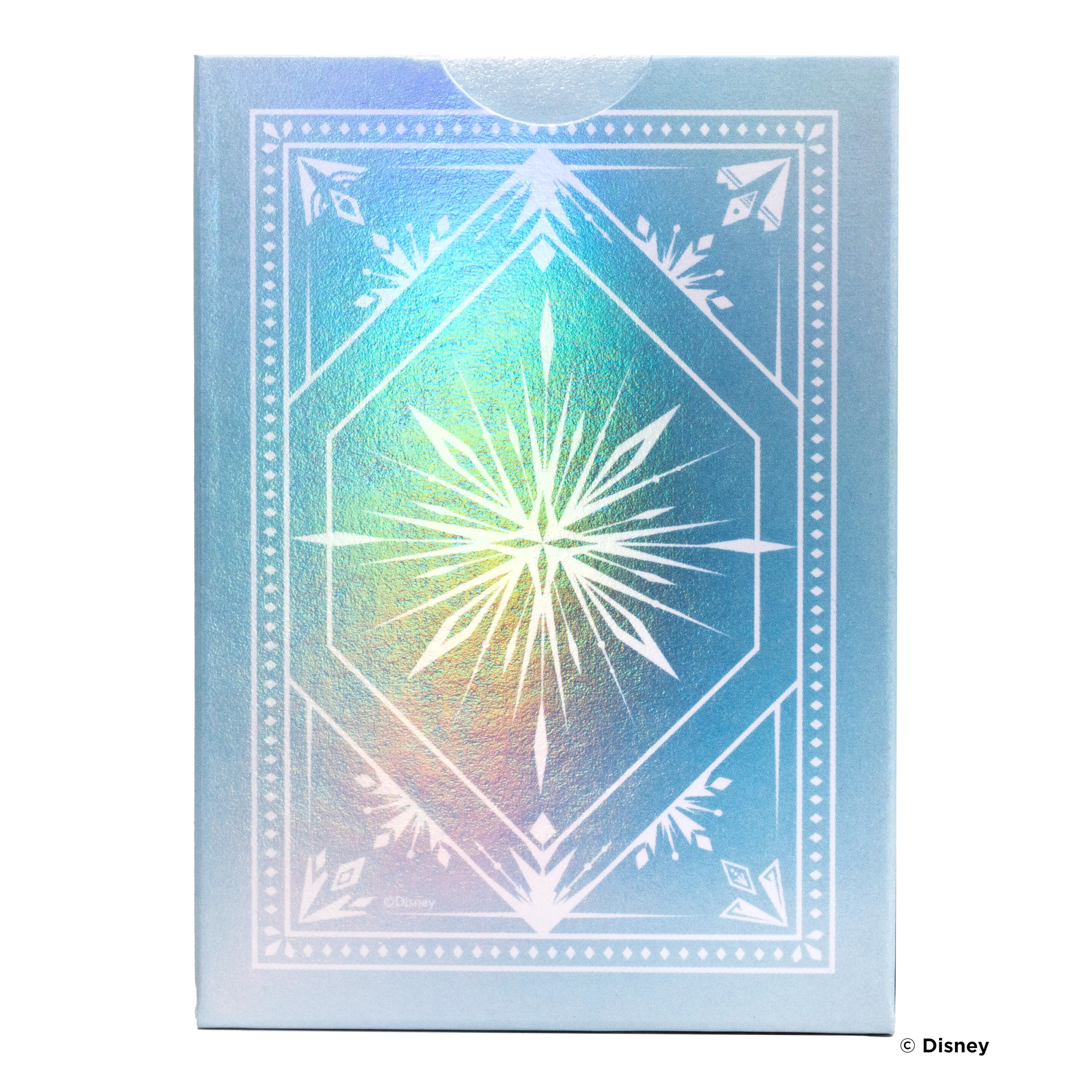 Karton mit blauem, irisierendem Design einer Schneeflocke und Ornamenten.