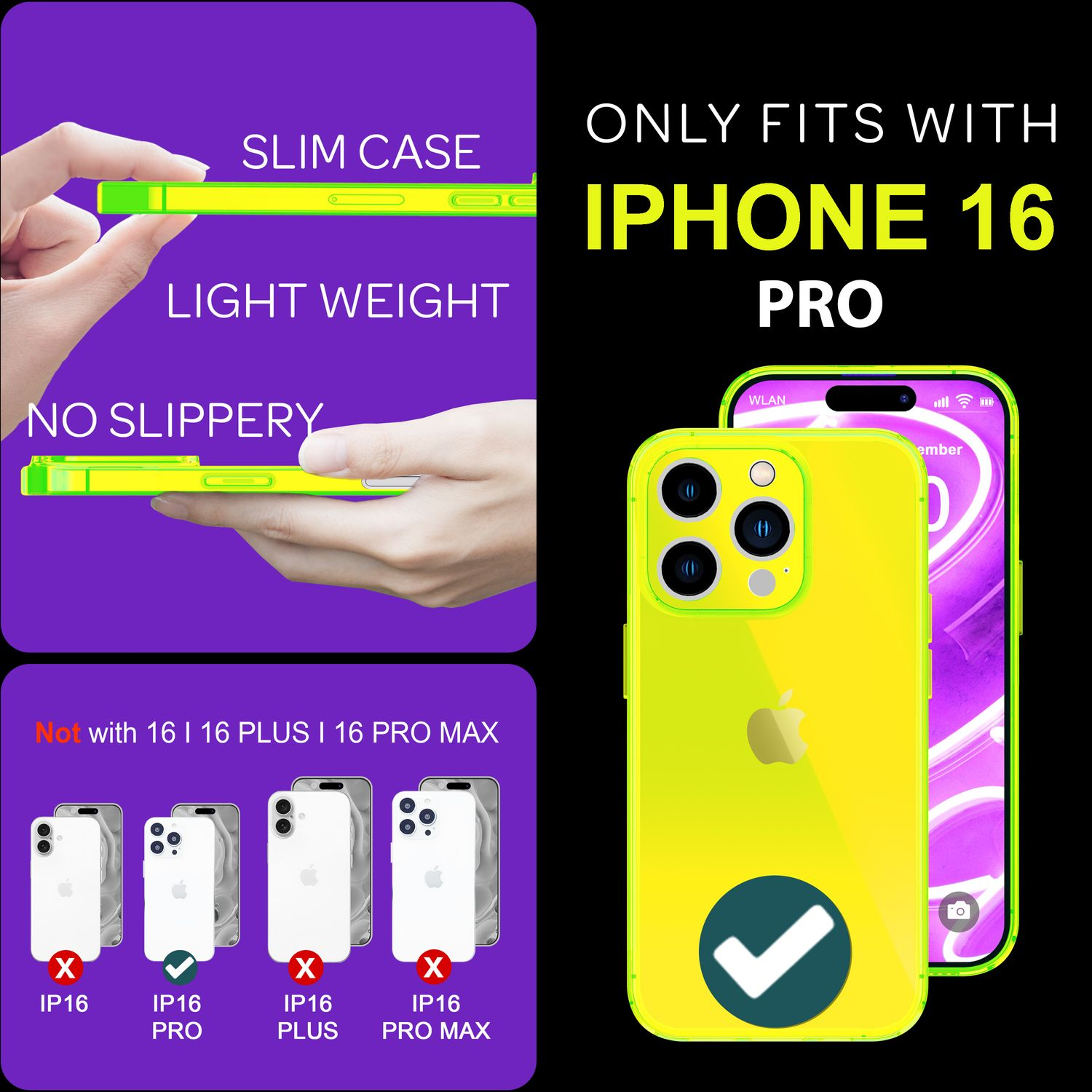 Eine grüne iPhone 16 Pro Hülle, mit Text, der betont, dass sie nur für das iPhone 16 Pro passt, mit einem Häkchen.