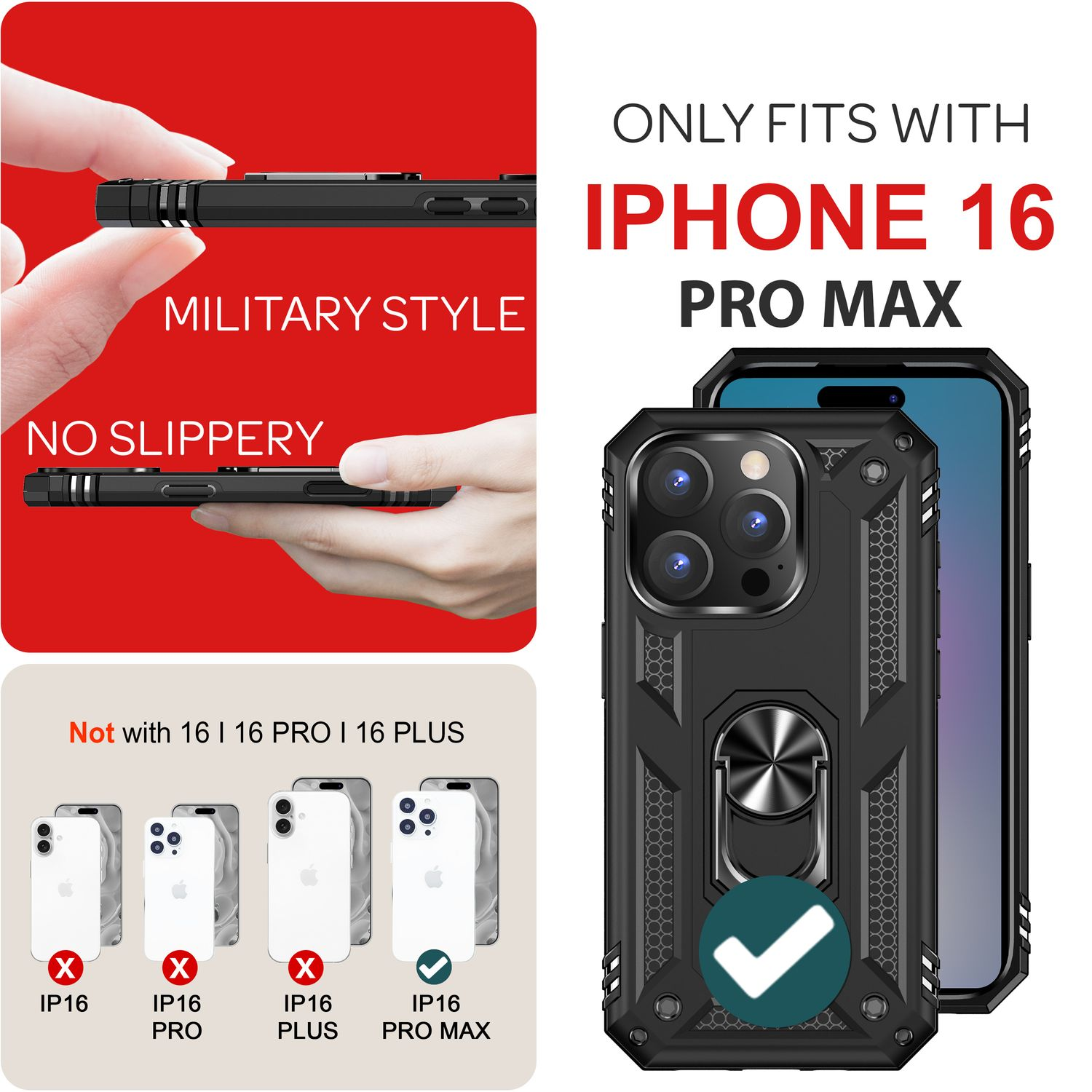 Telefonhülle mit Ringhalter. Text: Passt nur für iPhone 16 Pro Max. Nicht rutschig.