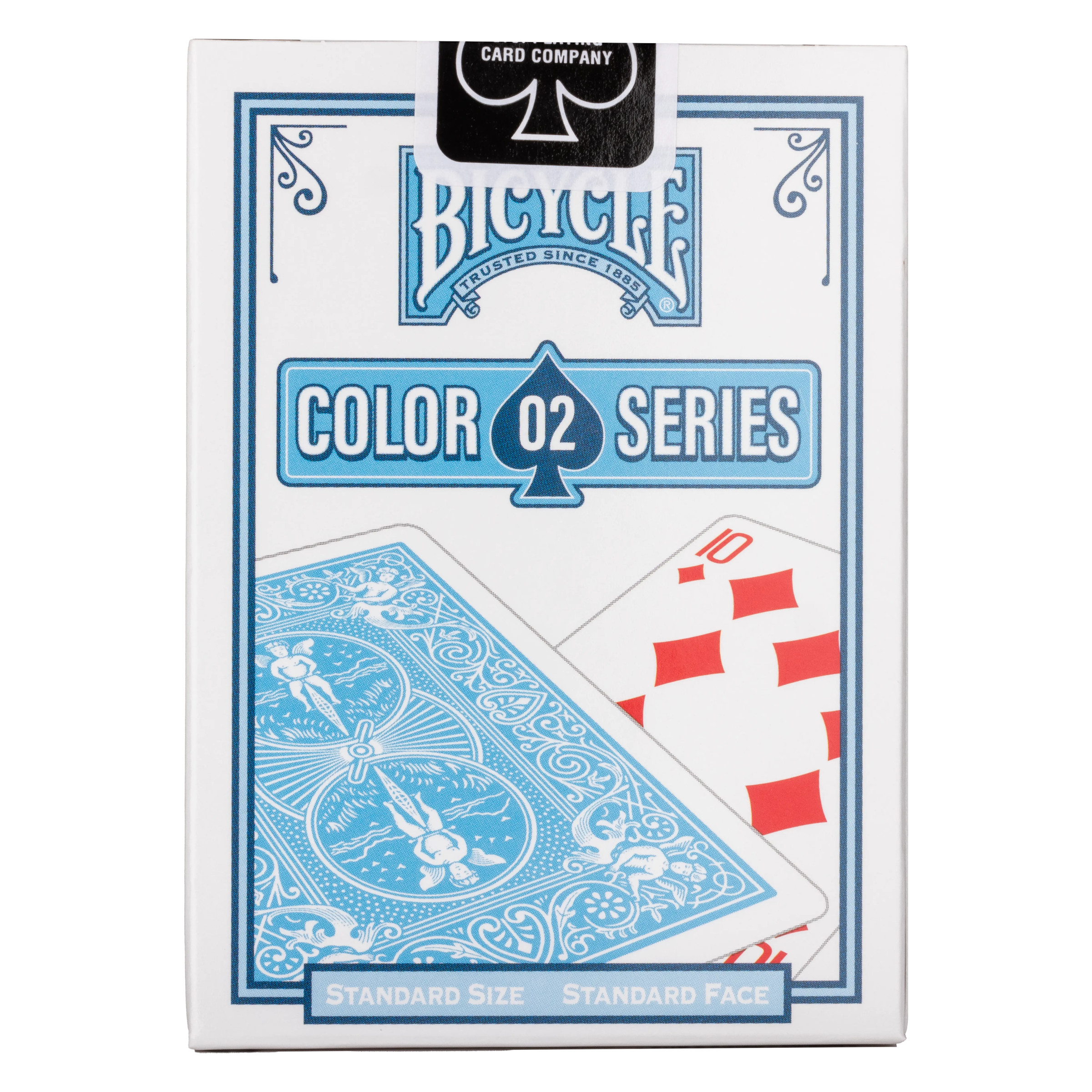 Ein blaues Kartenspiel von Bicycle mit einer weiß-blauen Schachtel. Die Schachtel zeigt die Kartenmotive.