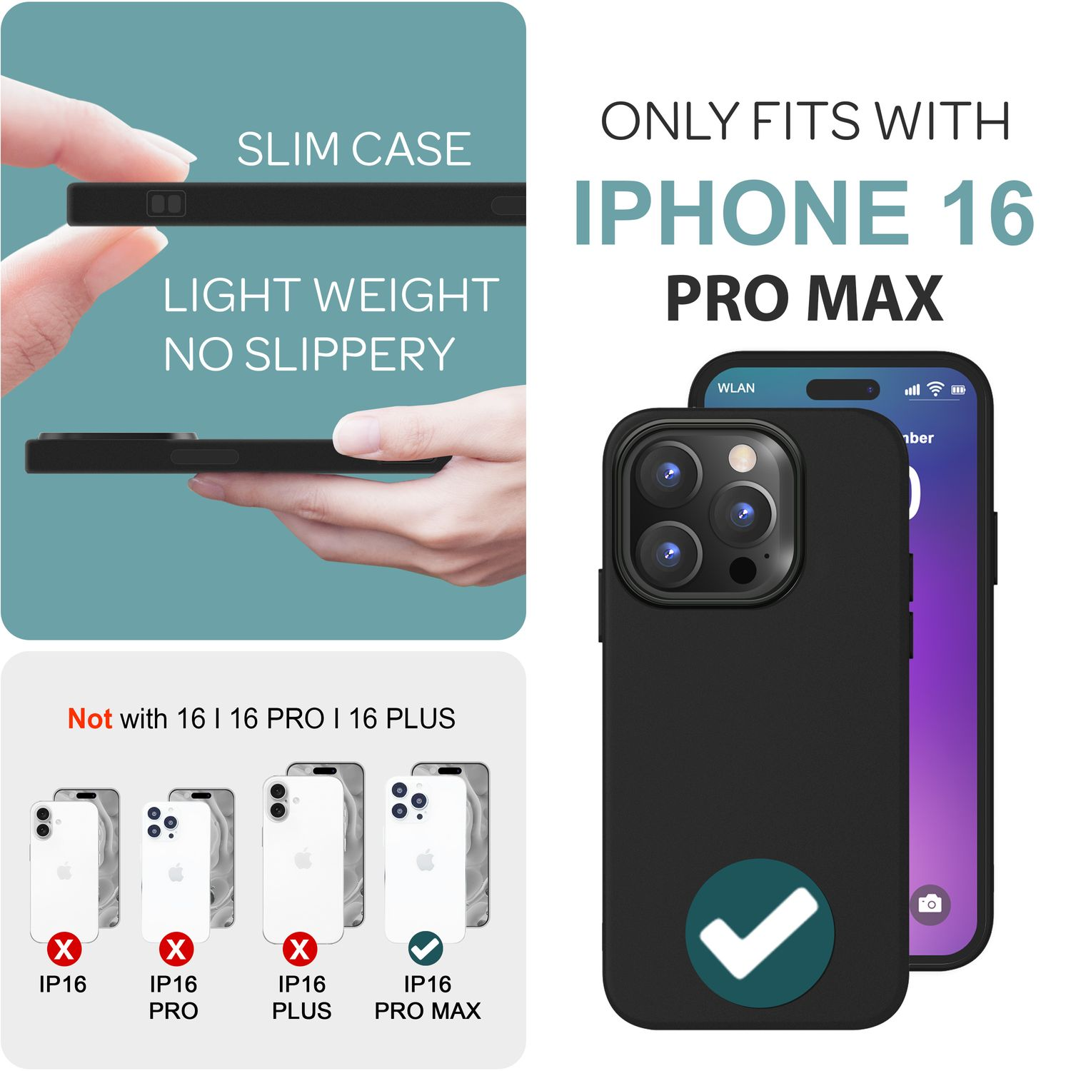 Schwarze Handyhülle mit einem iPhone 16 Pro Max. Die Hülle ist schlank und leicht. Der Hintergrund ist weiß.