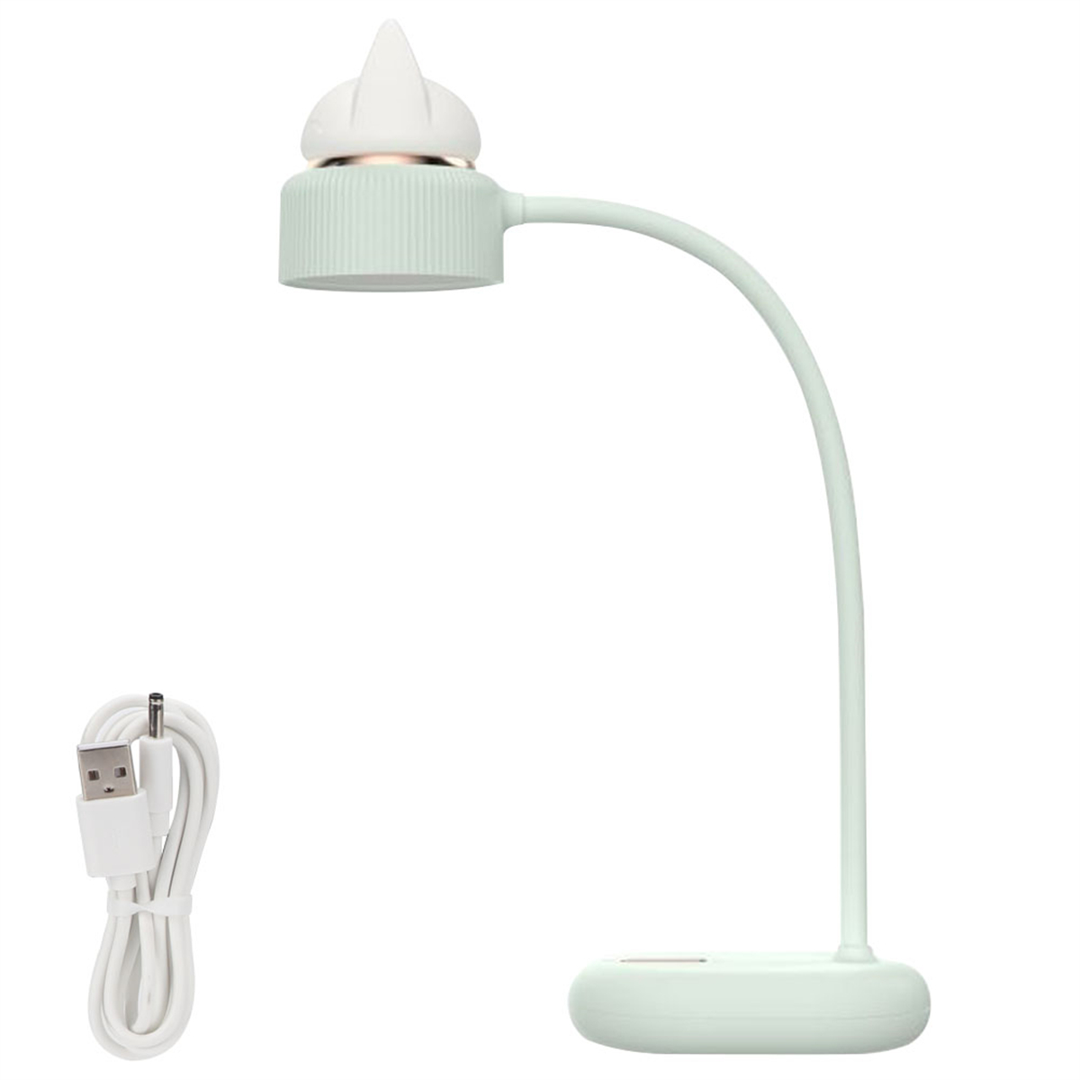 Grüne Schreibtischlampe mit katzenförmiger Oberseite. Die Lampe steht auf weißem Untergrund, daneben ein USB-Kabel.