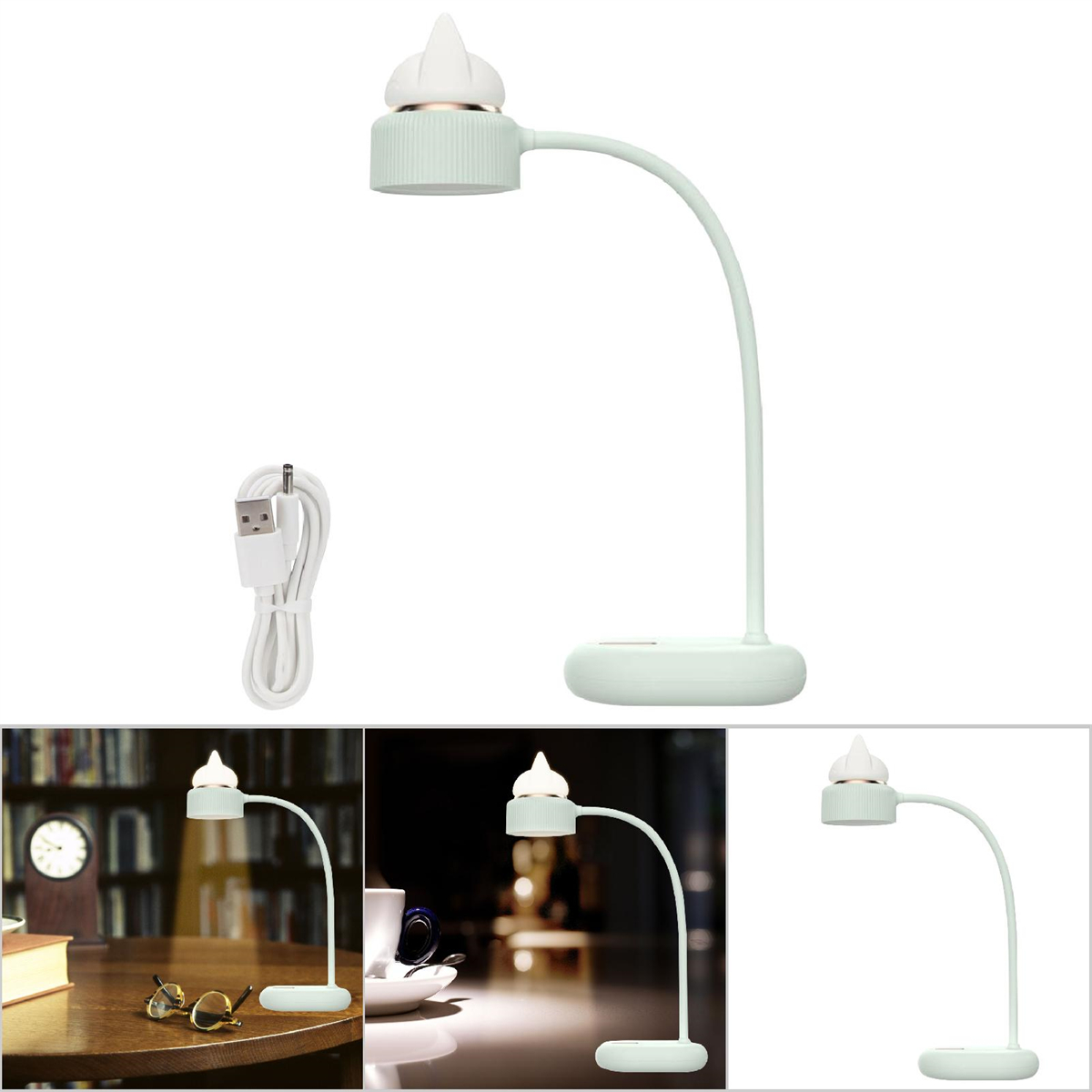 Eine mintgrüne Schreibtischlampe mit katzenohrförmigem Licht, flexiblem Hals und weißem USB-Kabel.