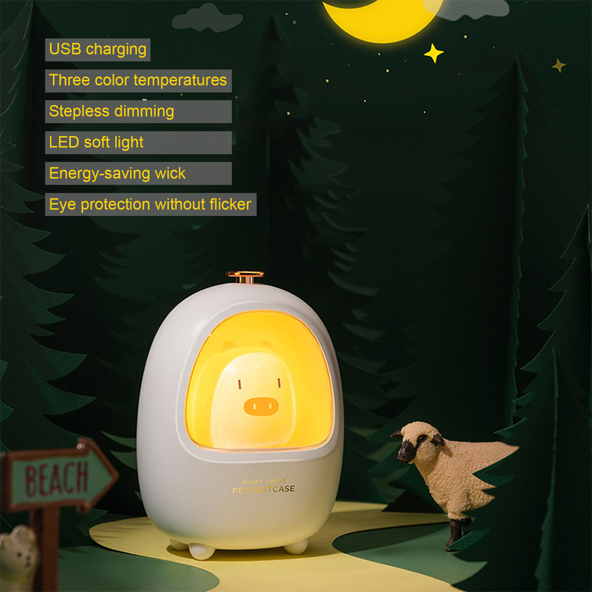 Eine weiße eiförmige Lampe mit Schweinegesicht und Text, der ihre Eigenschaften und das Aufladen über USB beschreibt.