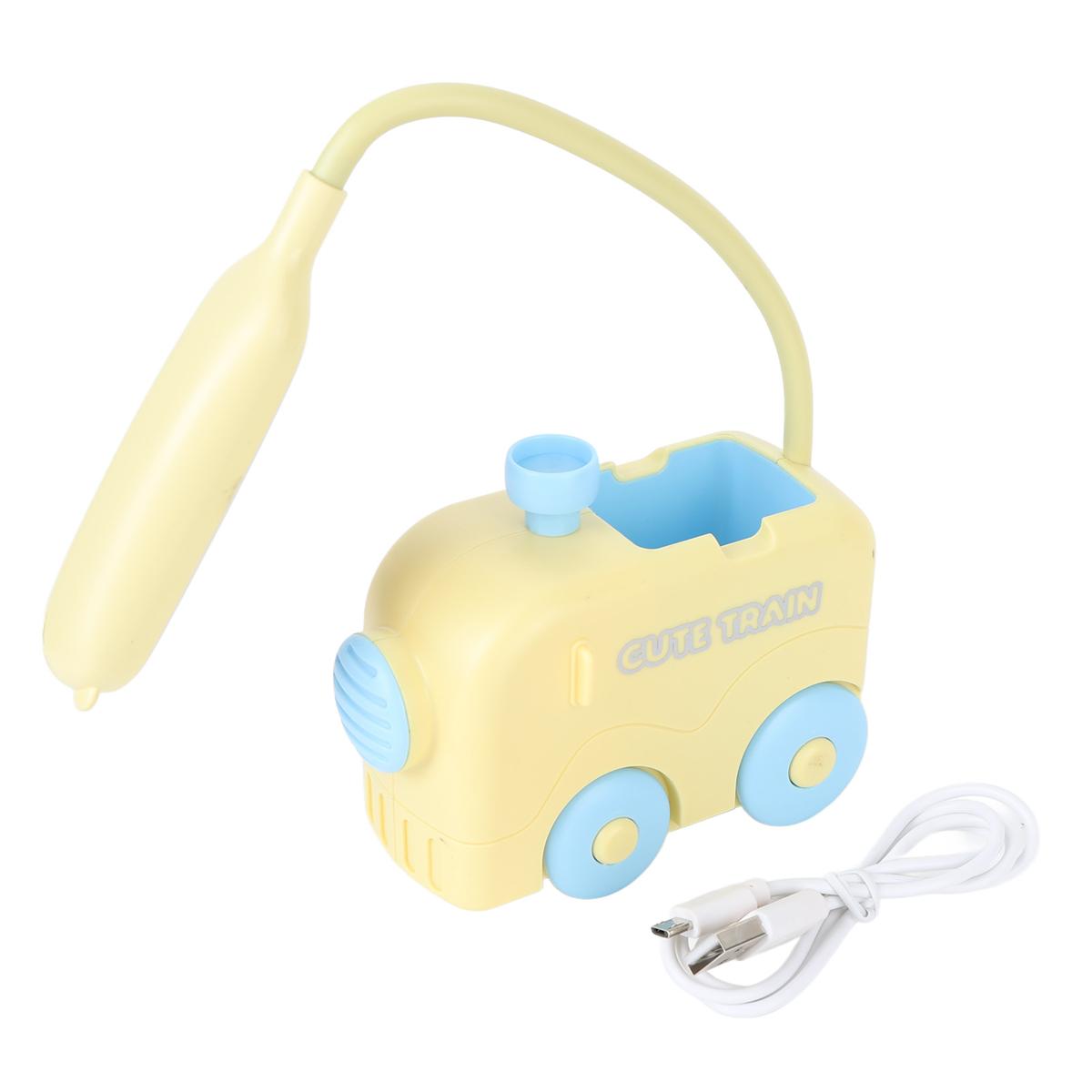 Eine Spielzeug-Zuglampe mit flexiblem Hals und USB-Kabel, in gelb-blauem Design.