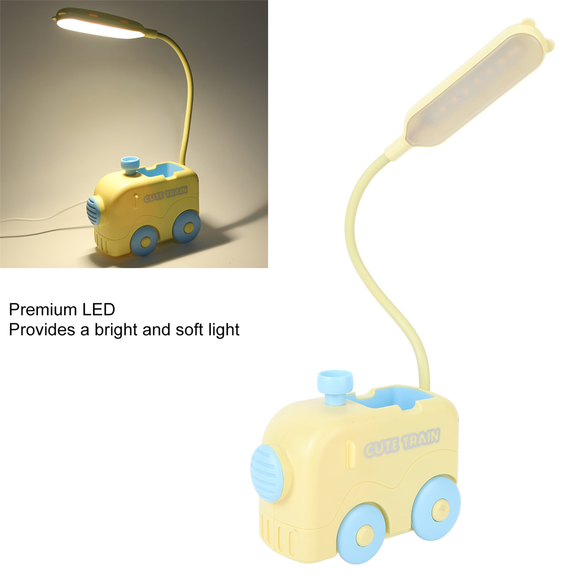 Eine gelbe, zugförmige Schreibtischlampe mit flexiblem Hals, die helles und weiches Licht liefert.