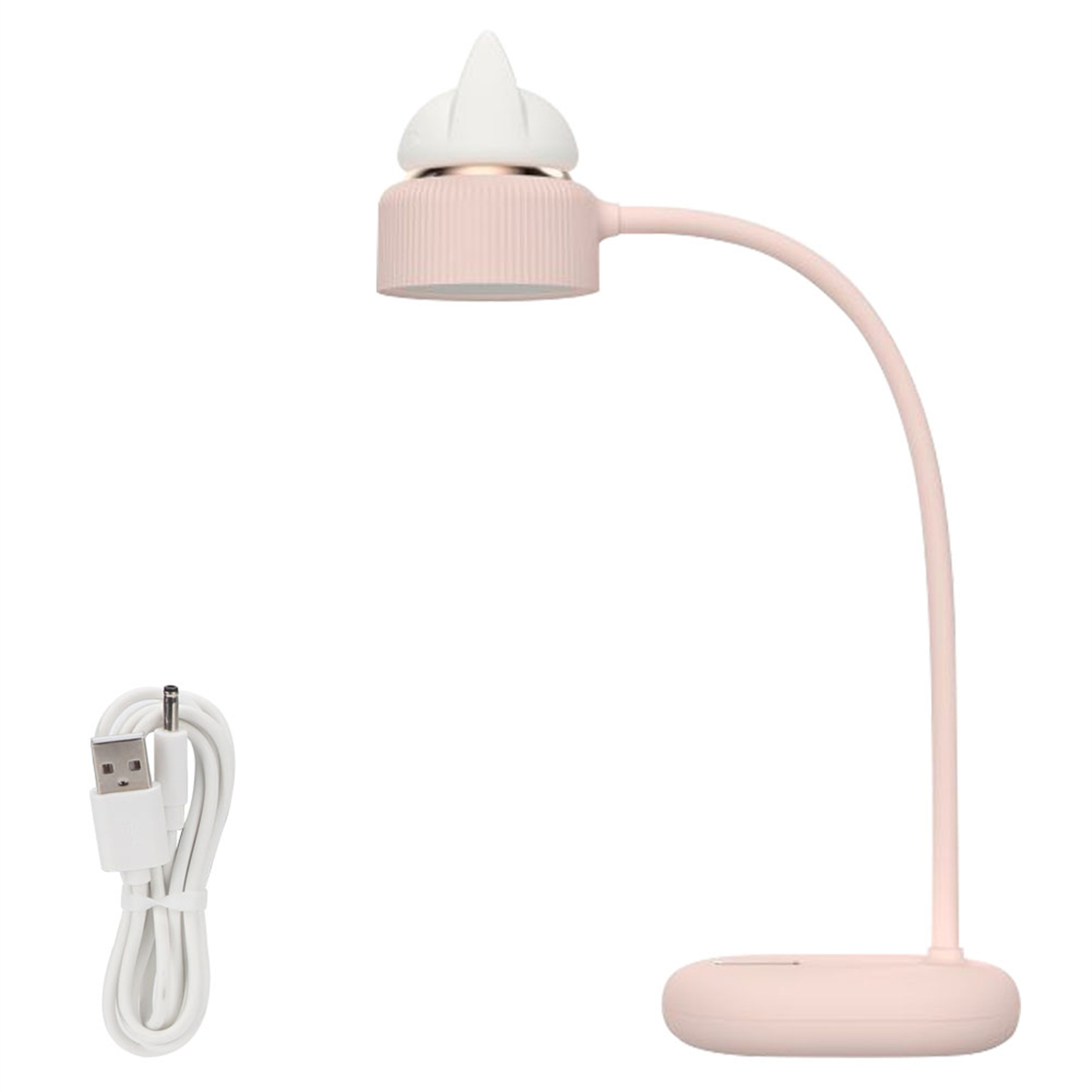 Eine rosa Schreibtischlampe mit angeschlossenem Kabel und weißem Hintergrund.