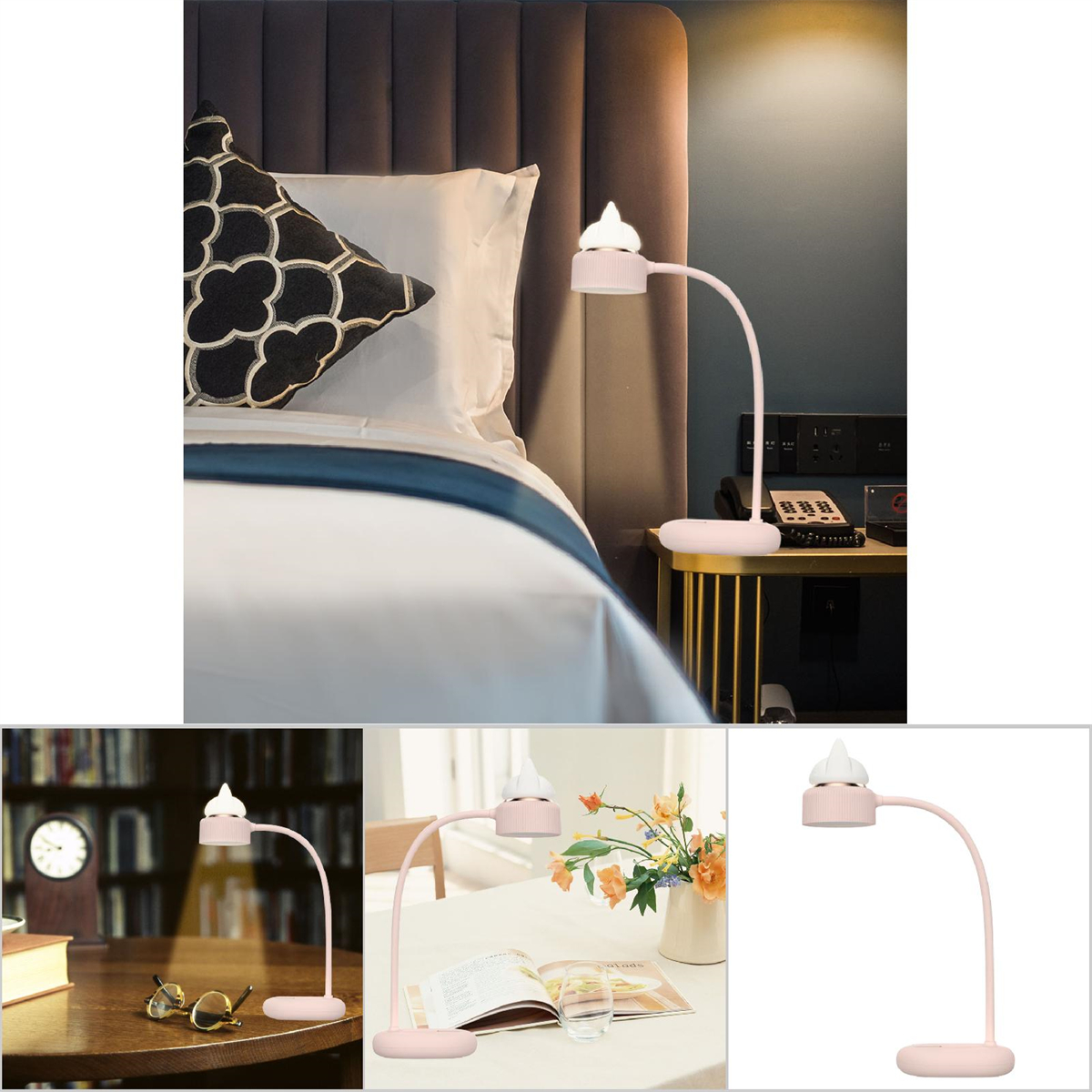 Eine pinke Schreibtischlampe steht auf einem Nachttisch in einem Schlafzimmer. Im Hintergrund sind ein Bett und ein Kissen zu sehen.