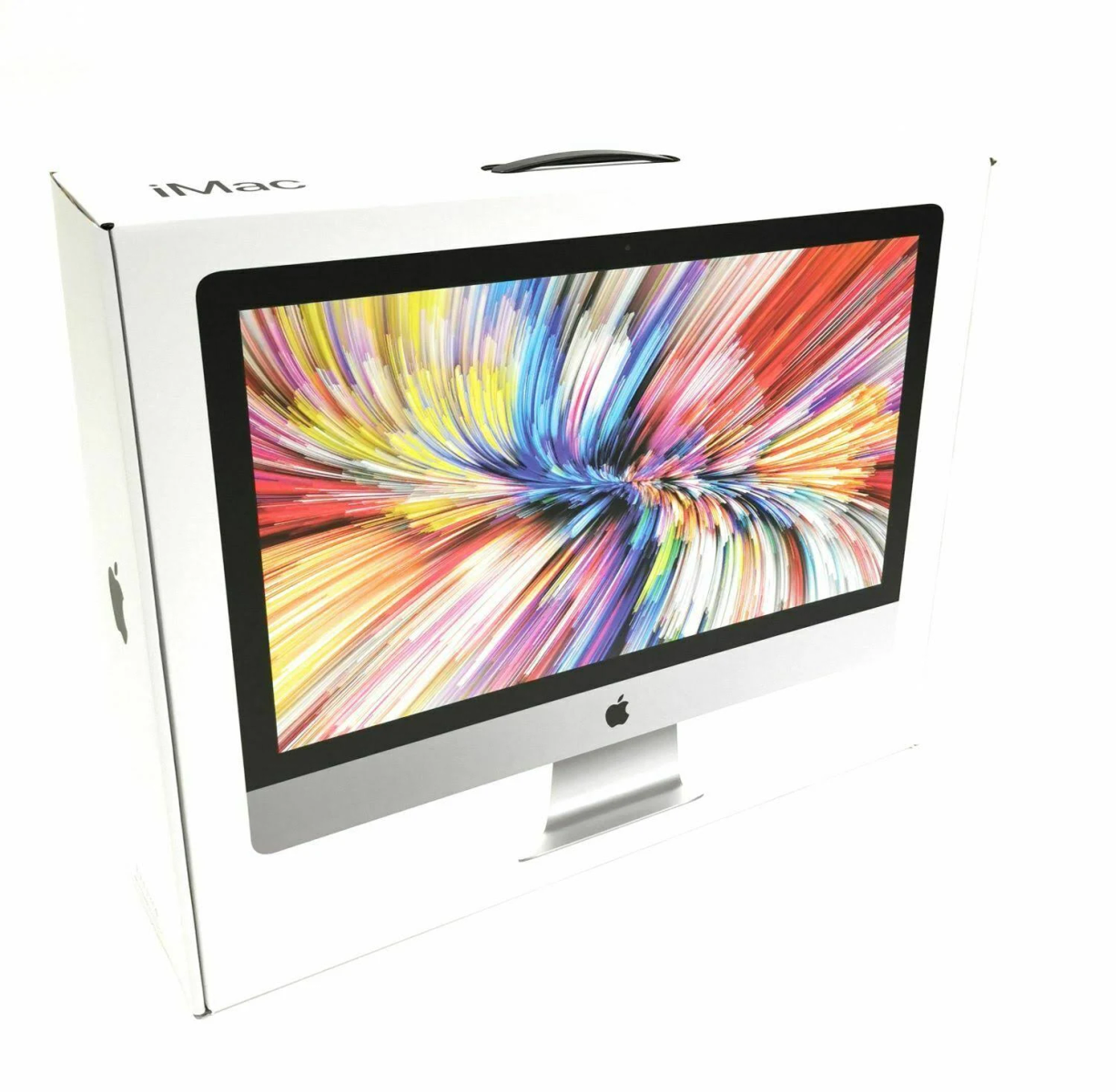 Ein iMac-Computer in seinem Karton. Der Bildschirm zeigt ein farbenfrohes, abstraktes Bild.