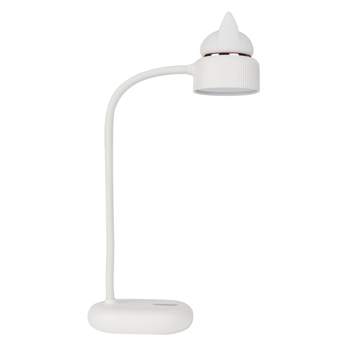 Eine weiße Schreibtischlampe mit rundem Sockel und gebogenem Arm.