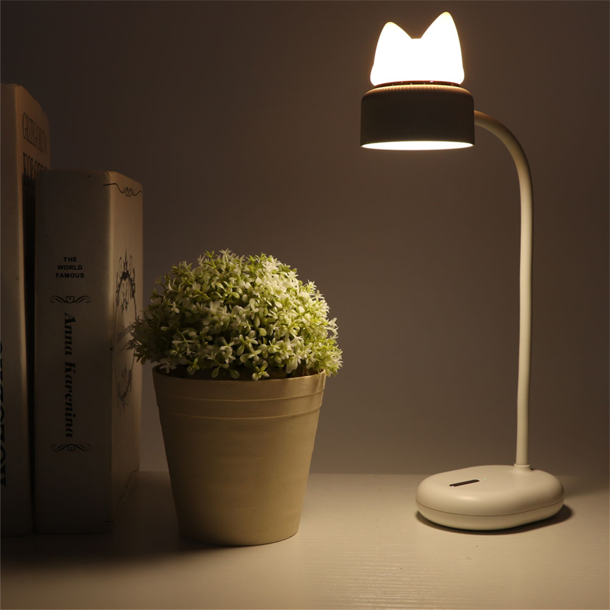 Katzenohrlampe auf Tisch. Weiße Lampe, kleine Pflanze und Bücher links. Dunkler Hintergrund.