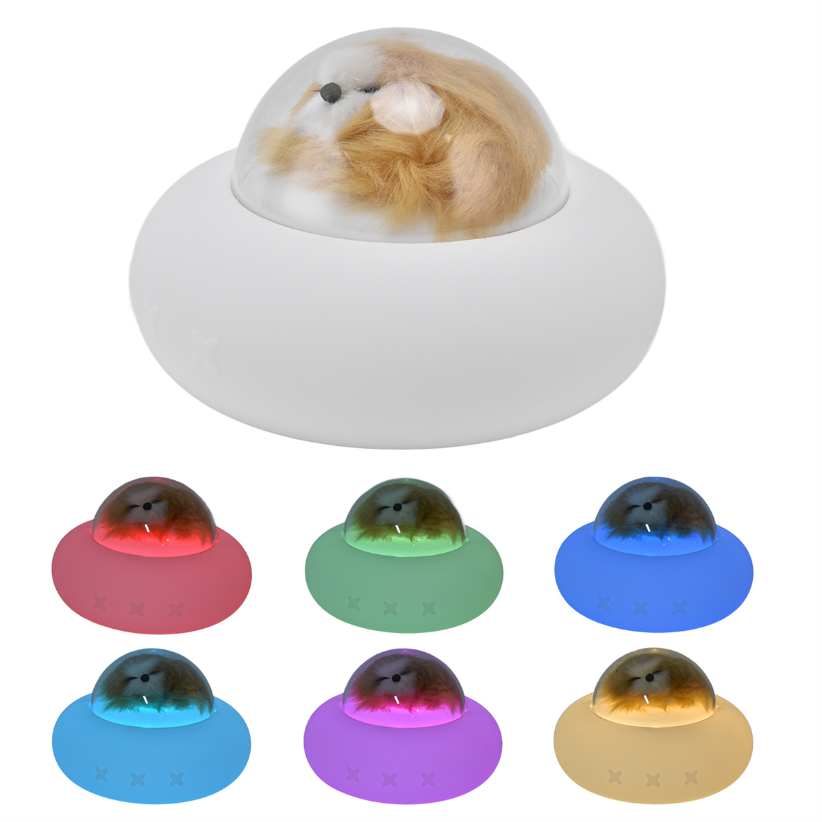 Ein weißes, rundes UFO-förmiges Spielzeug mit einem kleinen Hamster darin. Es gibt auch farbige Versionen.