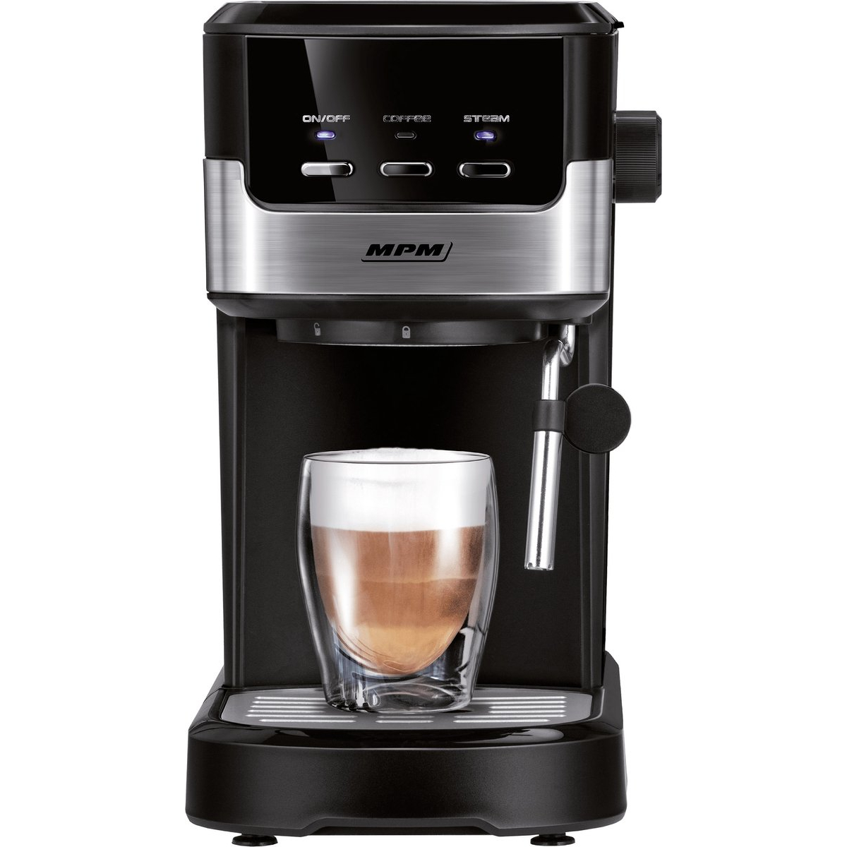 Una macchina per l'espresso con un bicchiere di caffè e una base nera. Pulsanti On/Off, Caffè, Vapore visibili.
