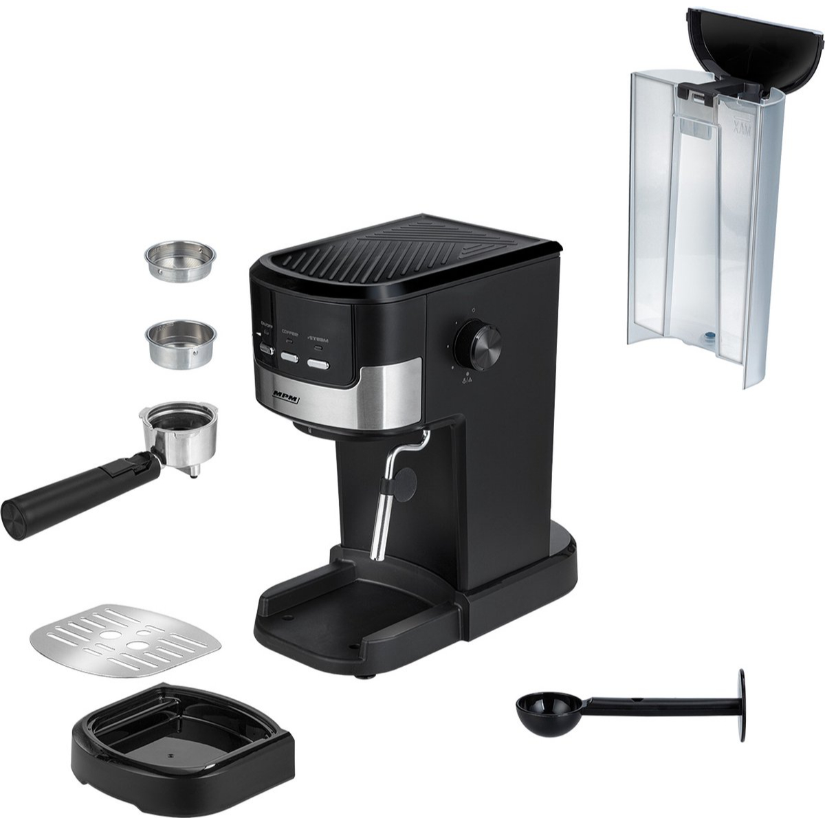 Macchina per espresso nera e argento con componenti, tra cui un serbatoio dell'acqua e un portafiltro.