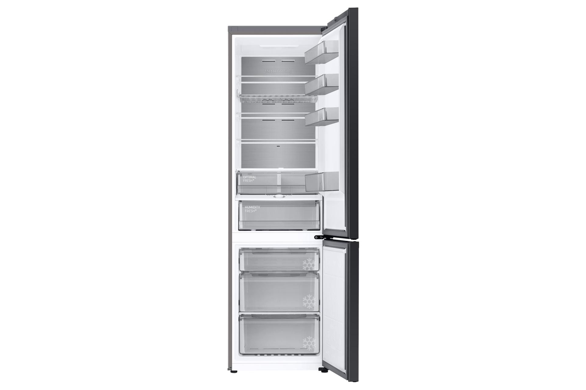 Otwarta lodówka z wieloma półkami i szufladami.