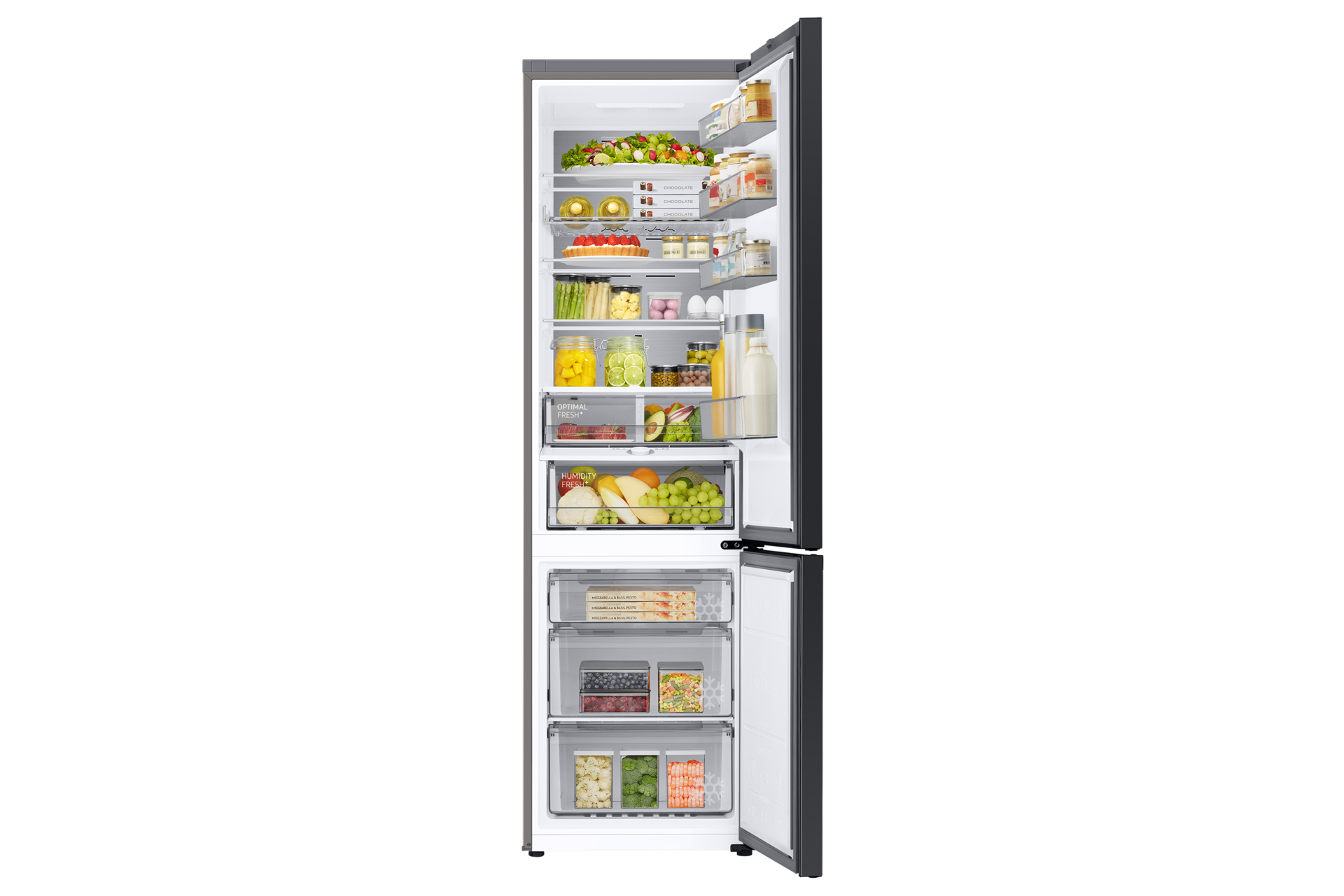 Lodówka z otwartymi drzwiami, pokazująca wnętrze z różnymi uporządkowanymi produktami spożywczymi.