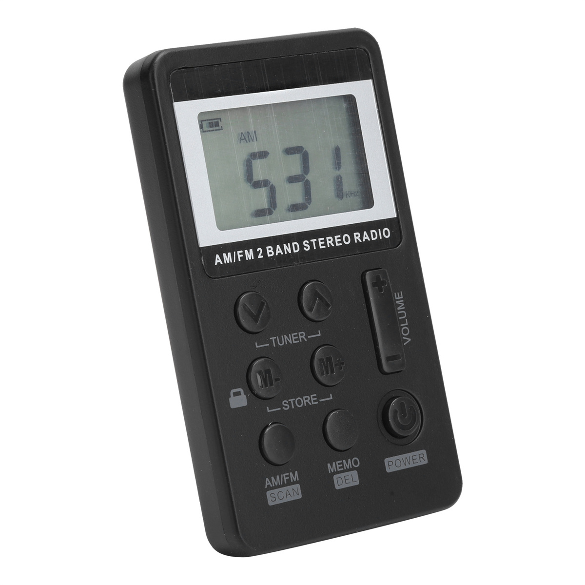Schwarzes Radio mit Steuertasten und einem Display, das Zahlen zeigt.