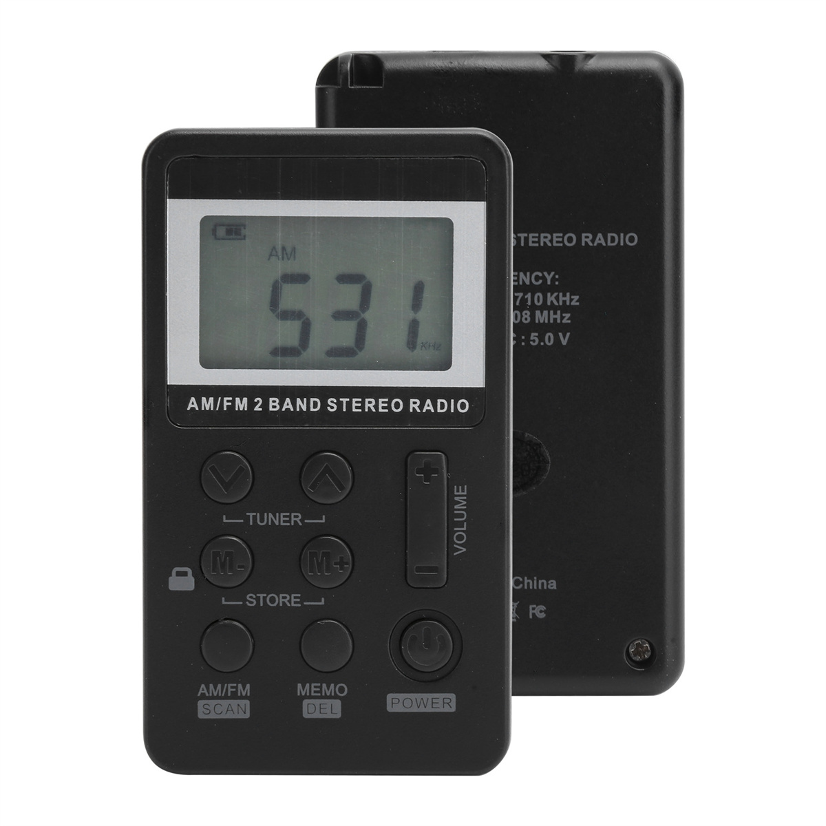 Schwarzes AM/FM-Radio mit einem Bildschirm, der '531 kHz' anzeigt, und Tasten für Tuning und Lautstärkeregelung.