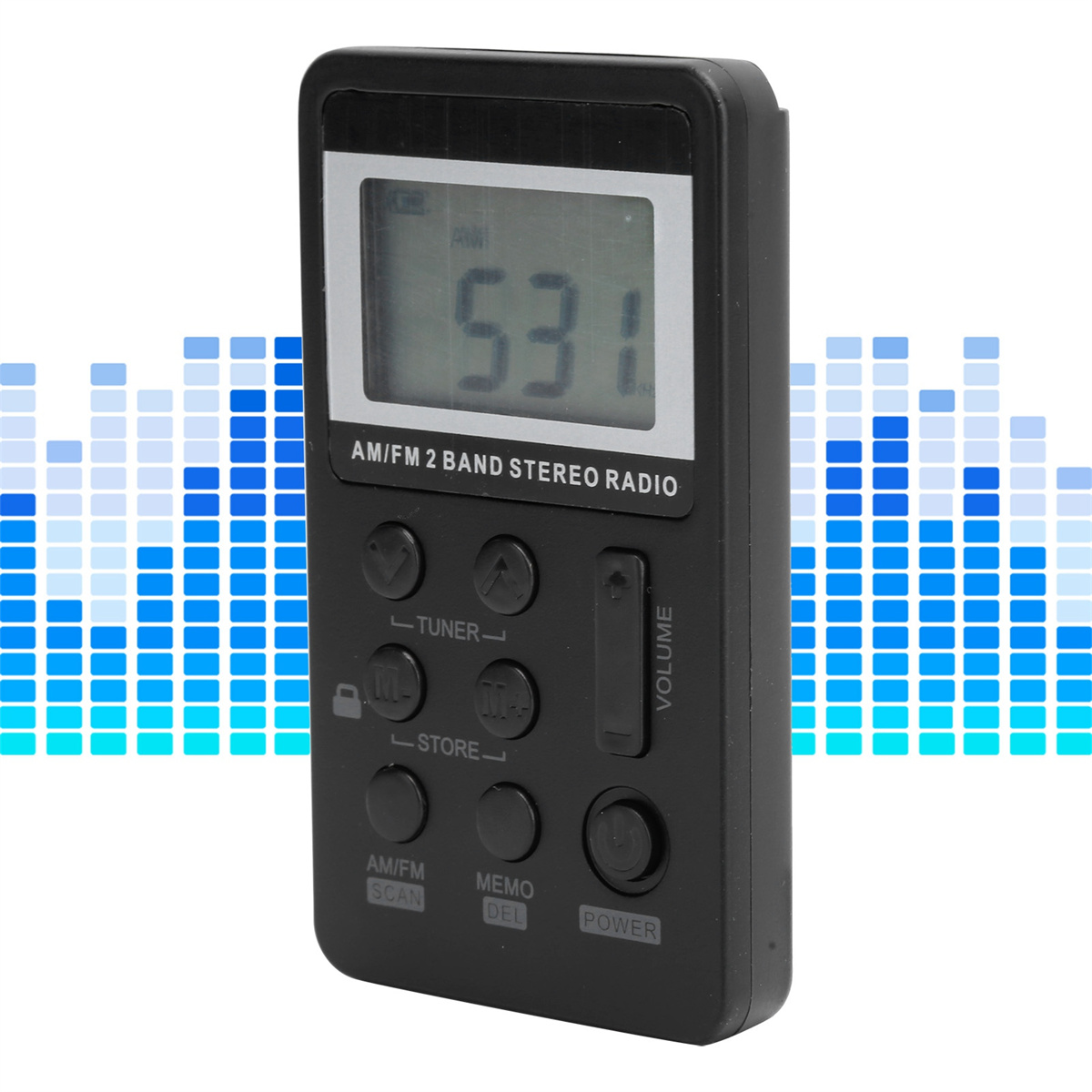 Ein schwarzes AM/FM-Radio mit Digitalanzeige. Es hat Tasten zum Abstimmen, Speichern und zur Lautstärkeregelung.
