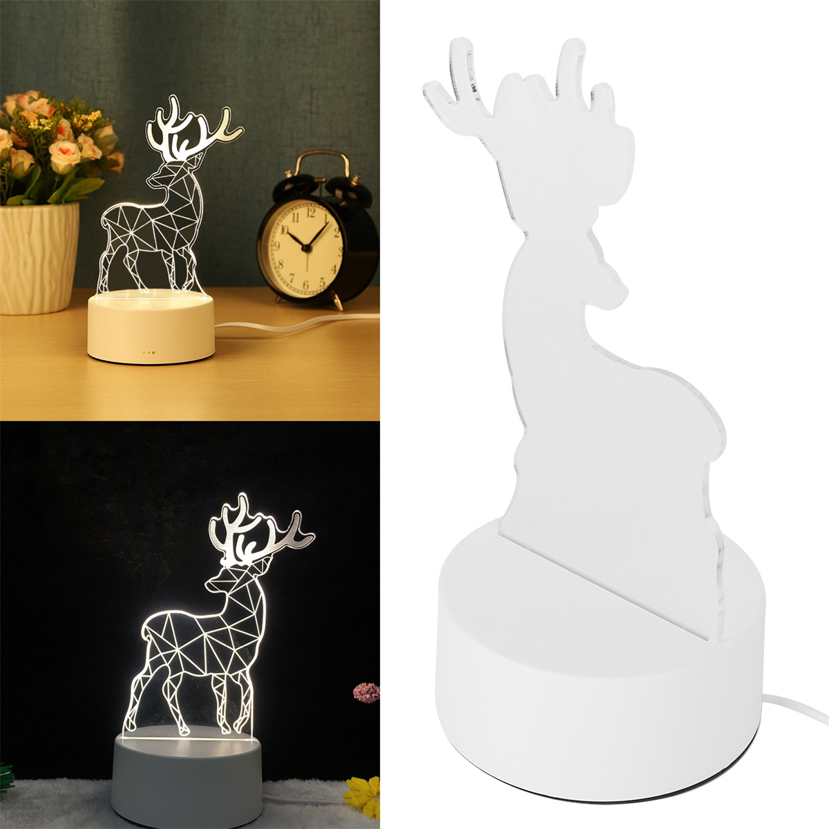 Eine hirschförmige Lampe auf weißem Sockel, mit schwarzem Hintergrund und einem Tisch.