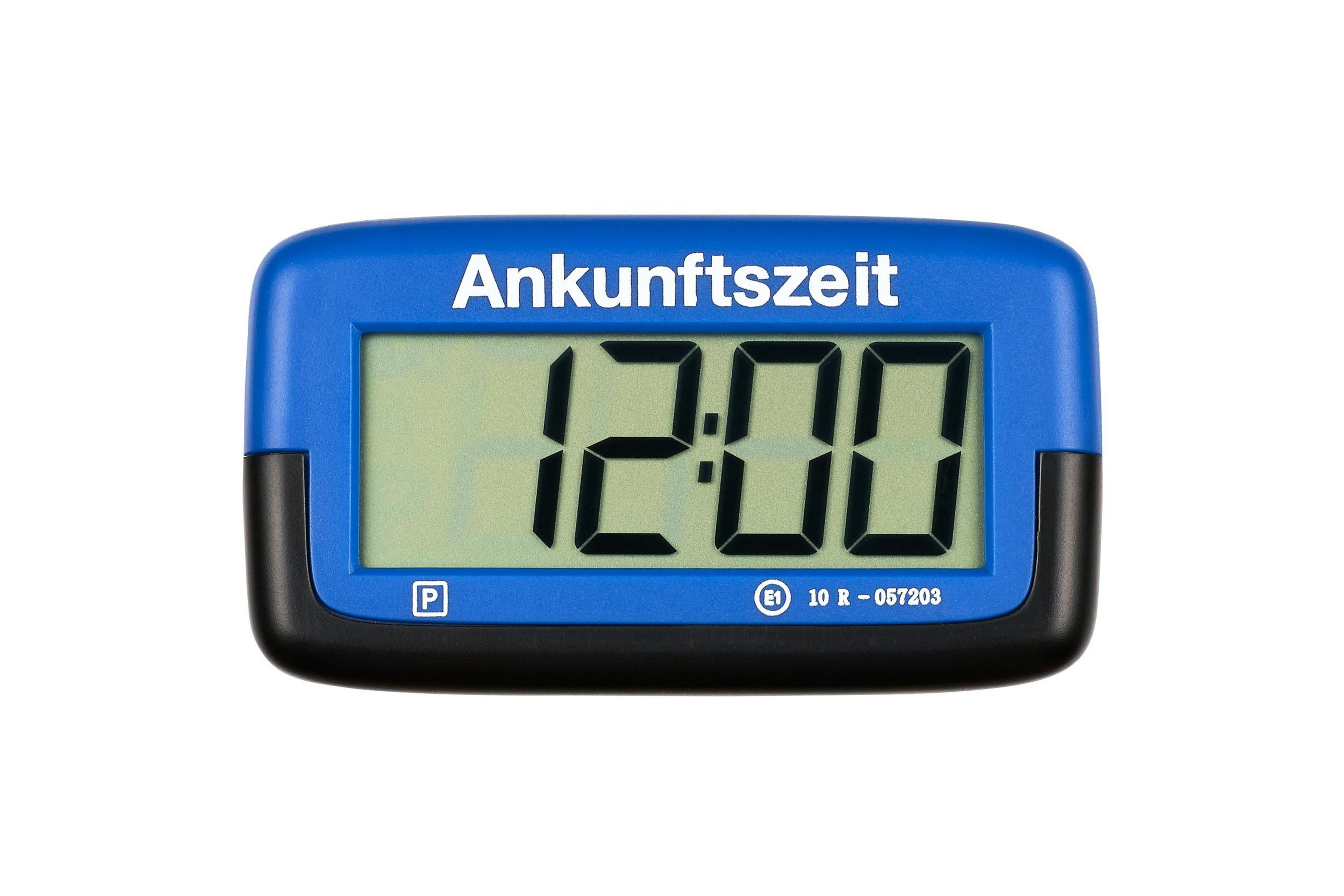 Ein blau-schwarzer digitaler Parktimer, der 12:00 anzeigt. Der Text lautet 'Ankunftszeit'. Es ist vor weißem Hintergrund.