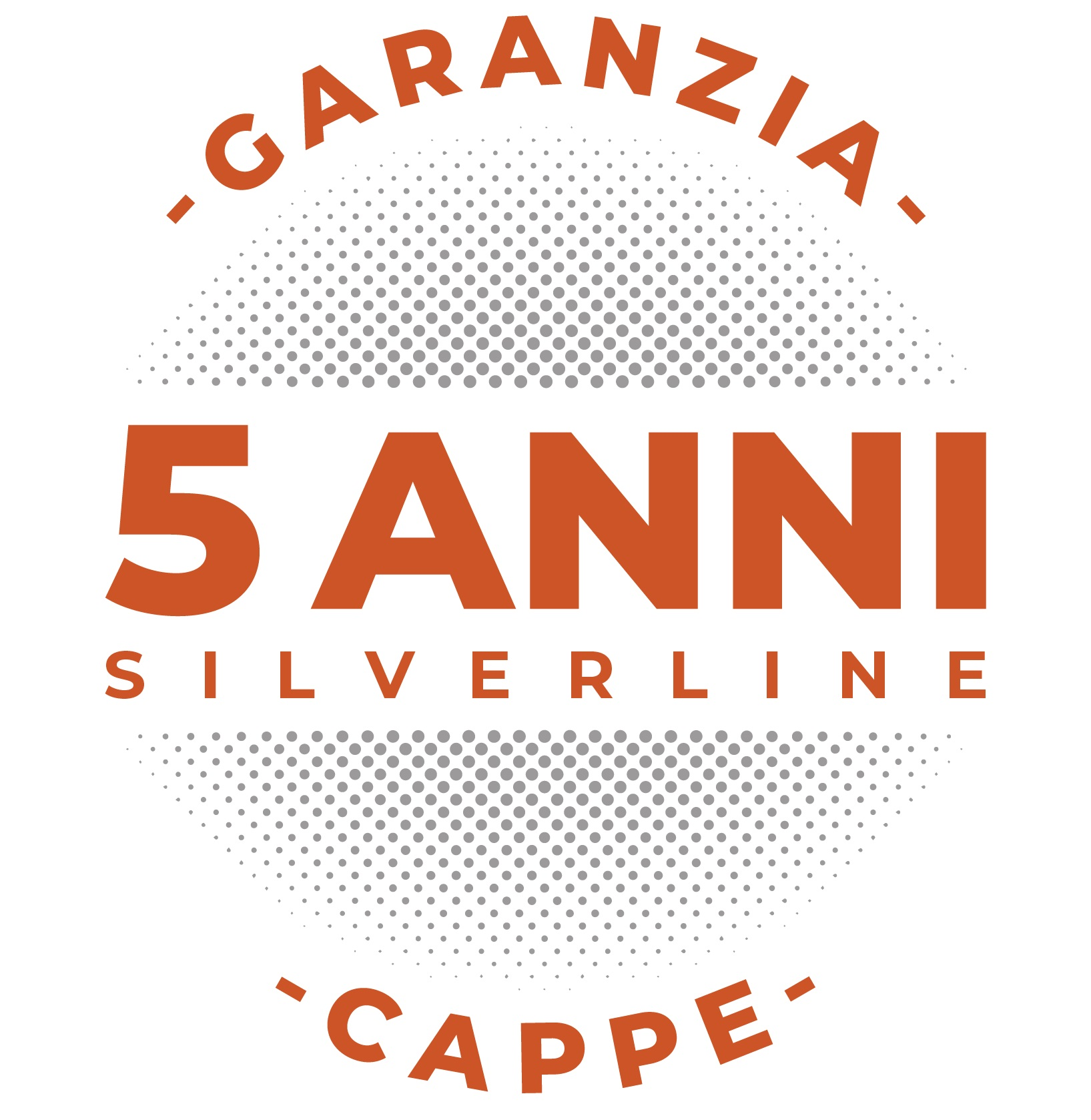 Un logo bianco e arancione con il testo 'GARANZIA 5 ANNI CAPPE'.