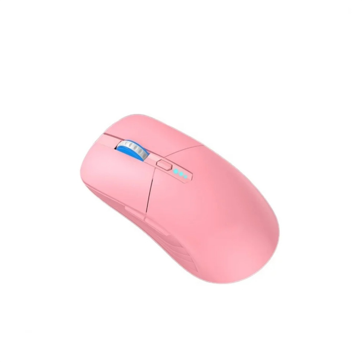 Rosa kabellose Maus. Sie hat ein Scrollrad und Tasten. Isoliert auf weißem Hintergrund.