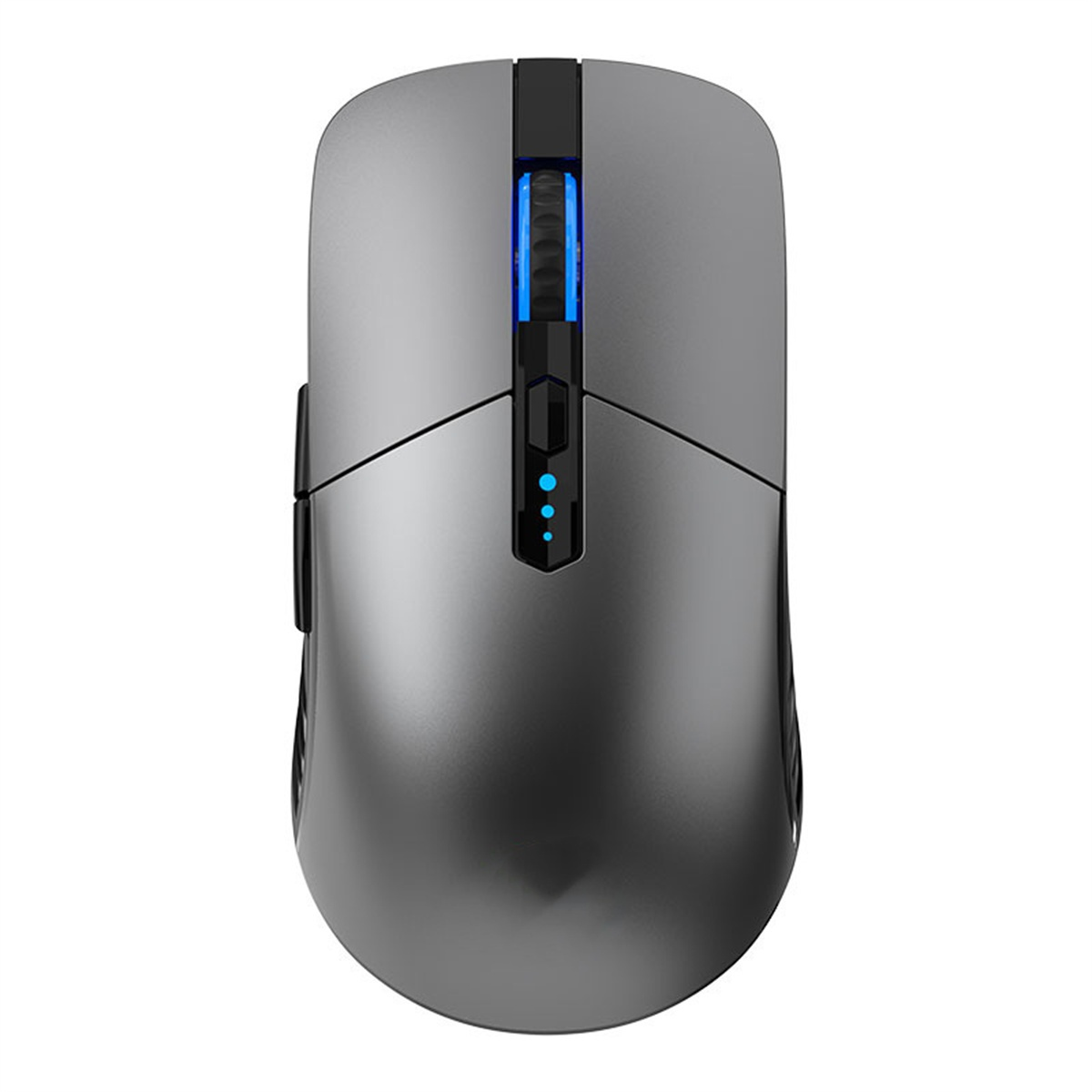 Graue Computermaus mit blauen Lichtern oben.