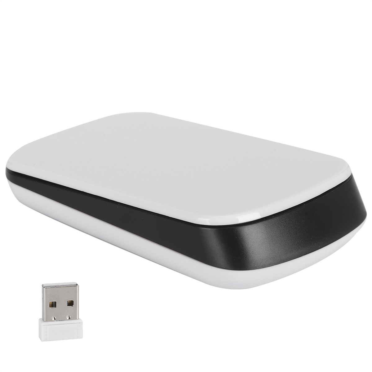 Weißes rechteckiges Gerät mit schwarzem Rand und USB-Anschluss.