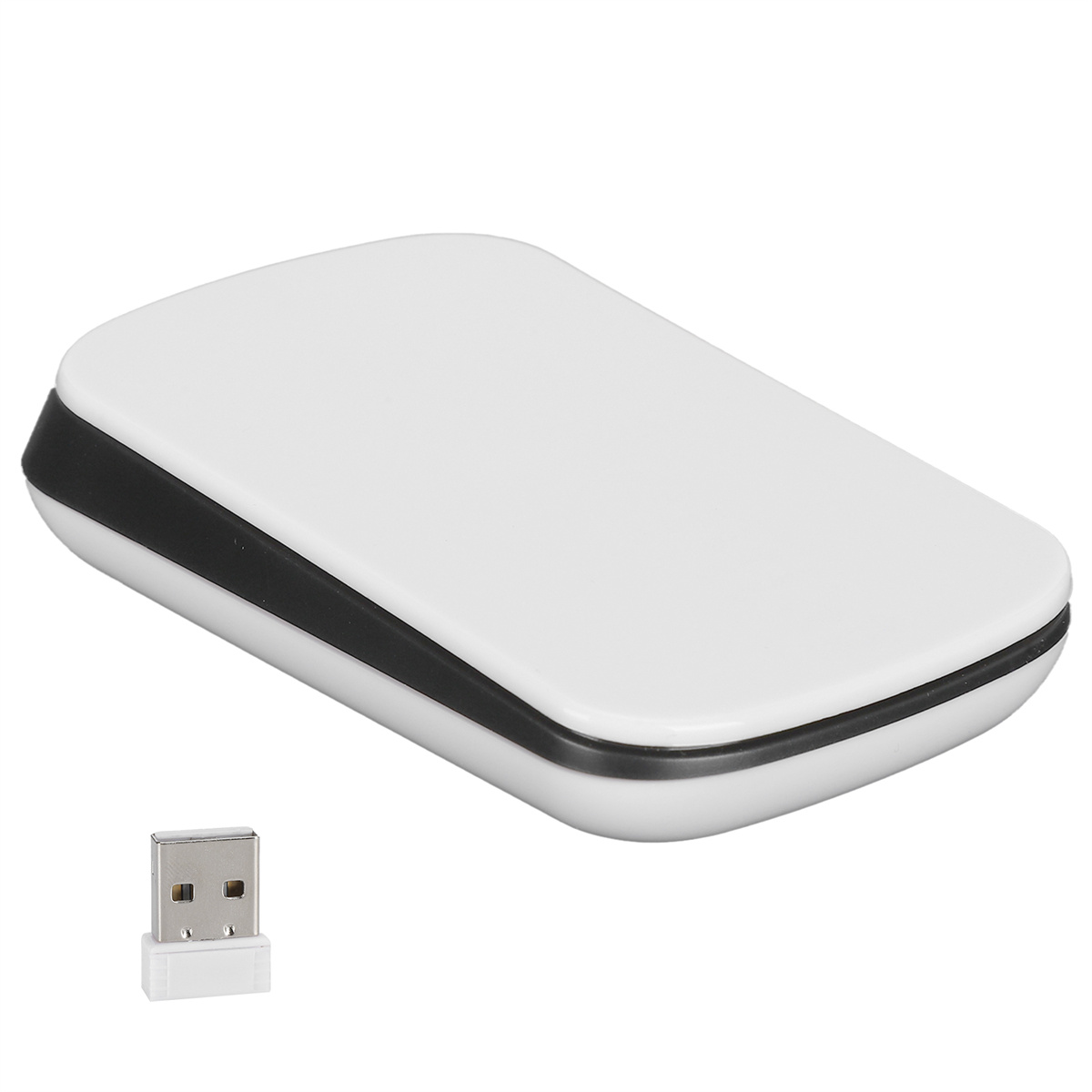 Weiß-schwarze rechteckige drahtlose Maus mit USB-Empfänger.