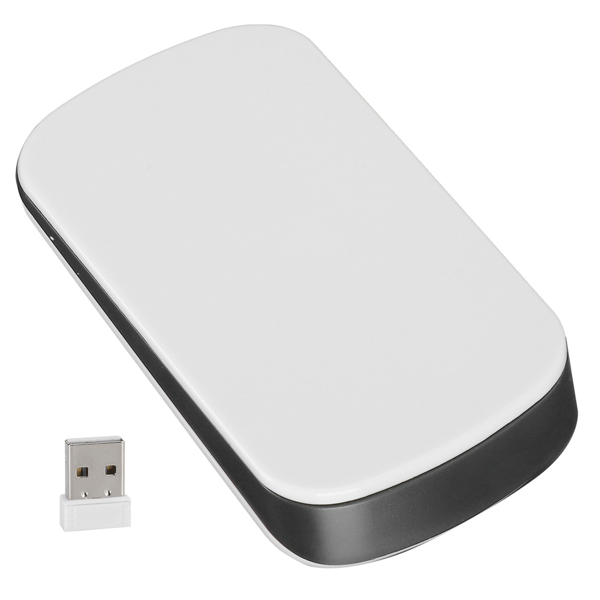 Weiße und schwarze kabellose Maus und USB-Empfänger.