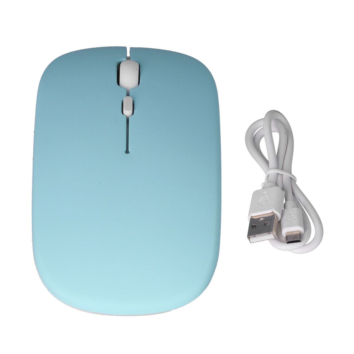 Eine hellblaue, kabellose Maus mit einem weißen Ladekabel.