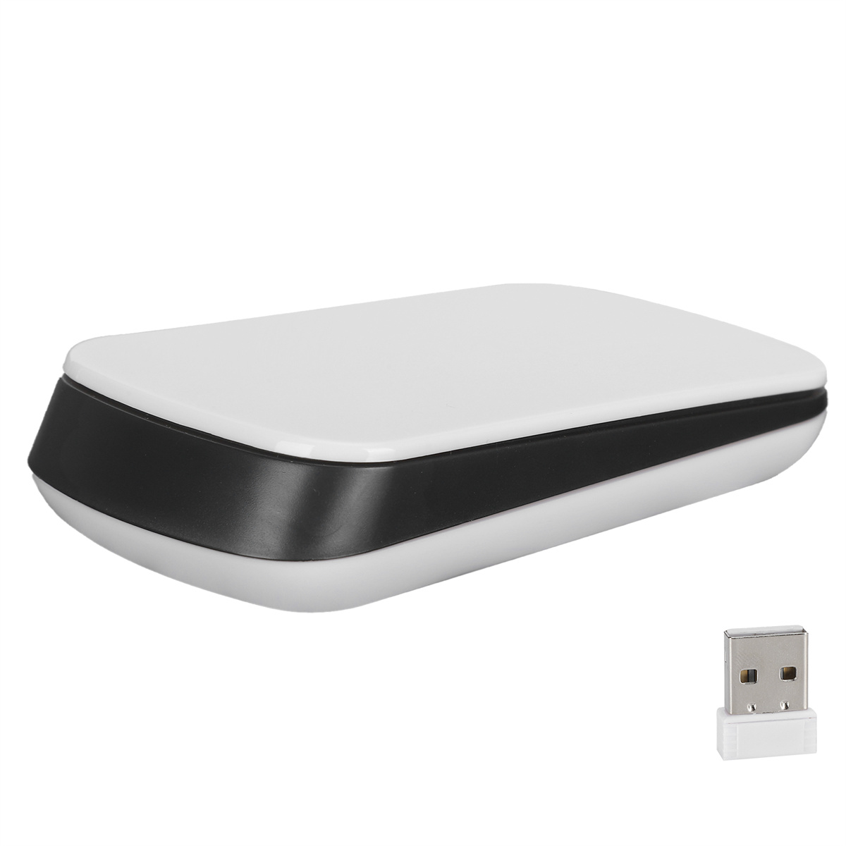 Eine weiße, rechteckige kabellose Maus mit schwarzem Rand und einem USB-Empfänger.