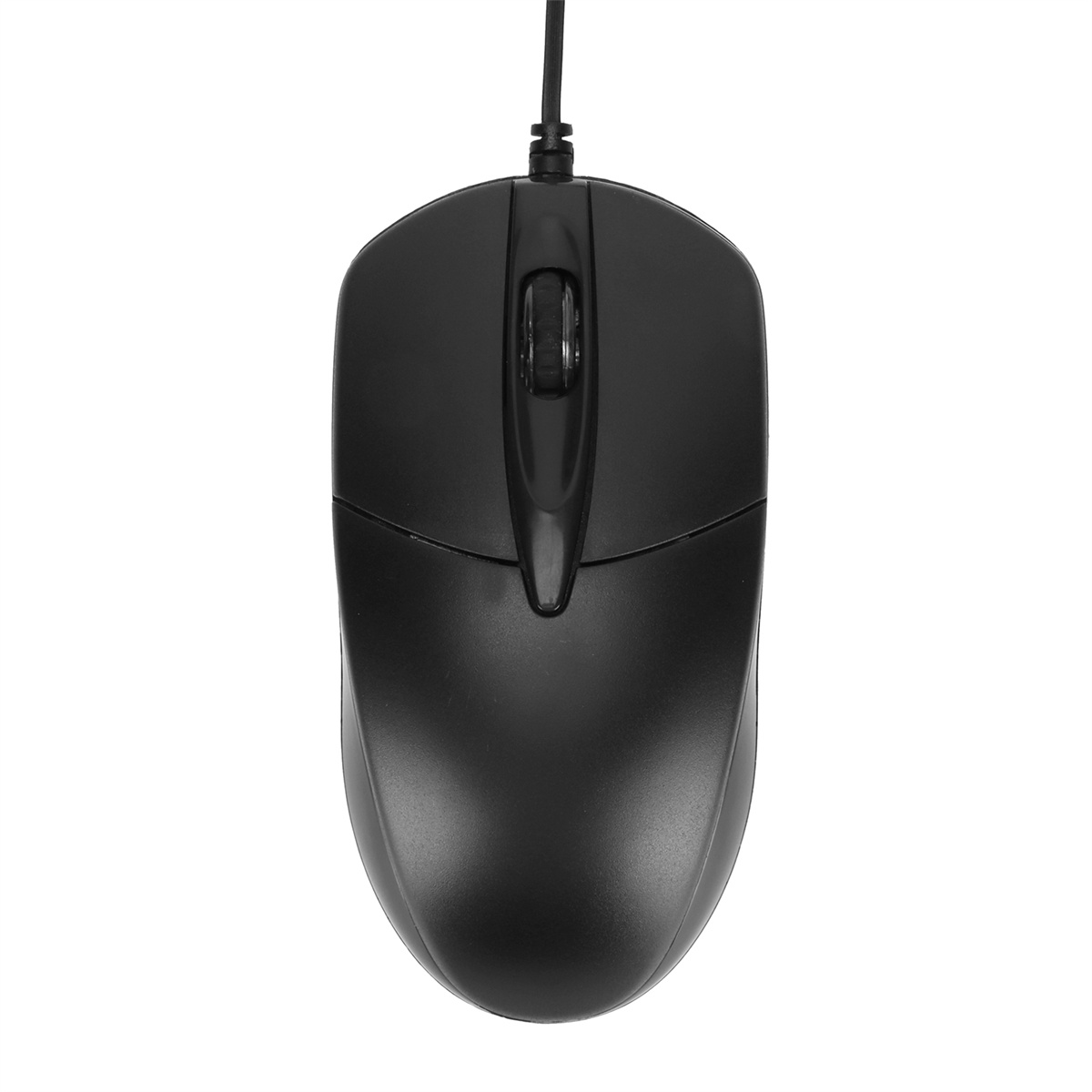 Schwarze Computermaus. Die Maus hat ein Scrollrad und zwei Tasten, mit Kabel.