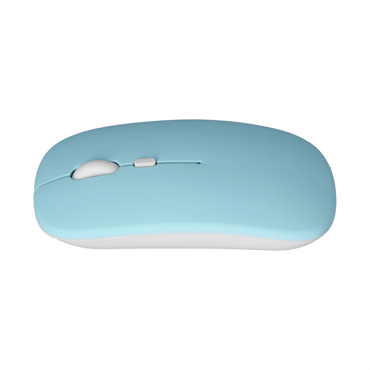 Blaue Computermaus auf weißer Oberfläche. Mit Scrollrad und zwei Tasten.