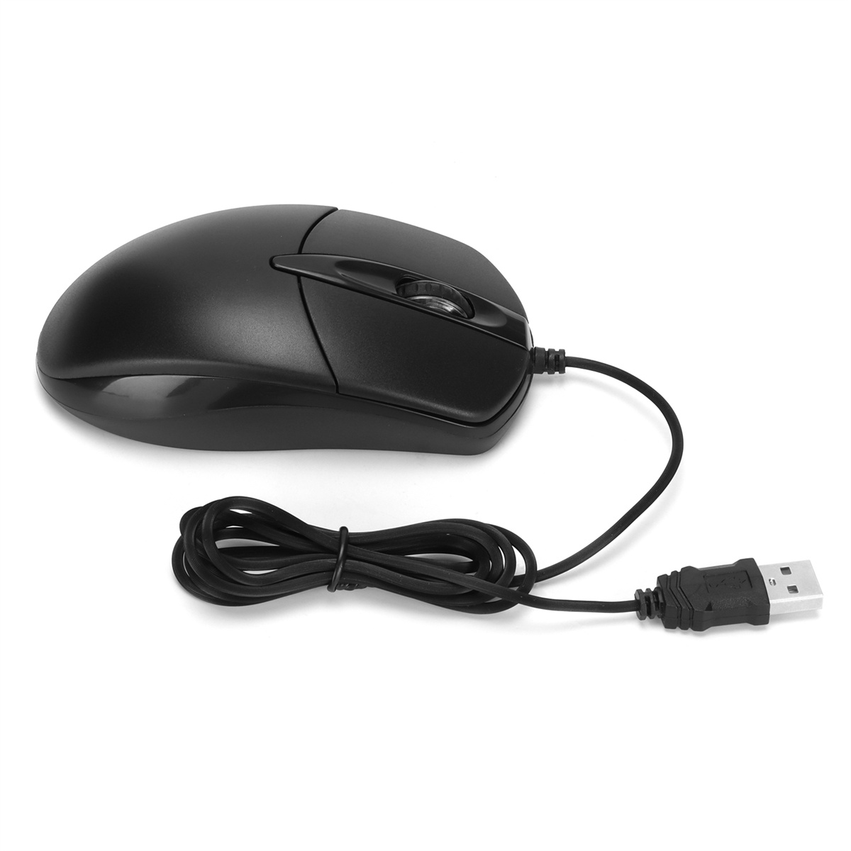 Schwarze Computermaus mit Scrollrad und angeschlossenem USB-Kabel. Sie befindet sich auf weißem Hintergrund.