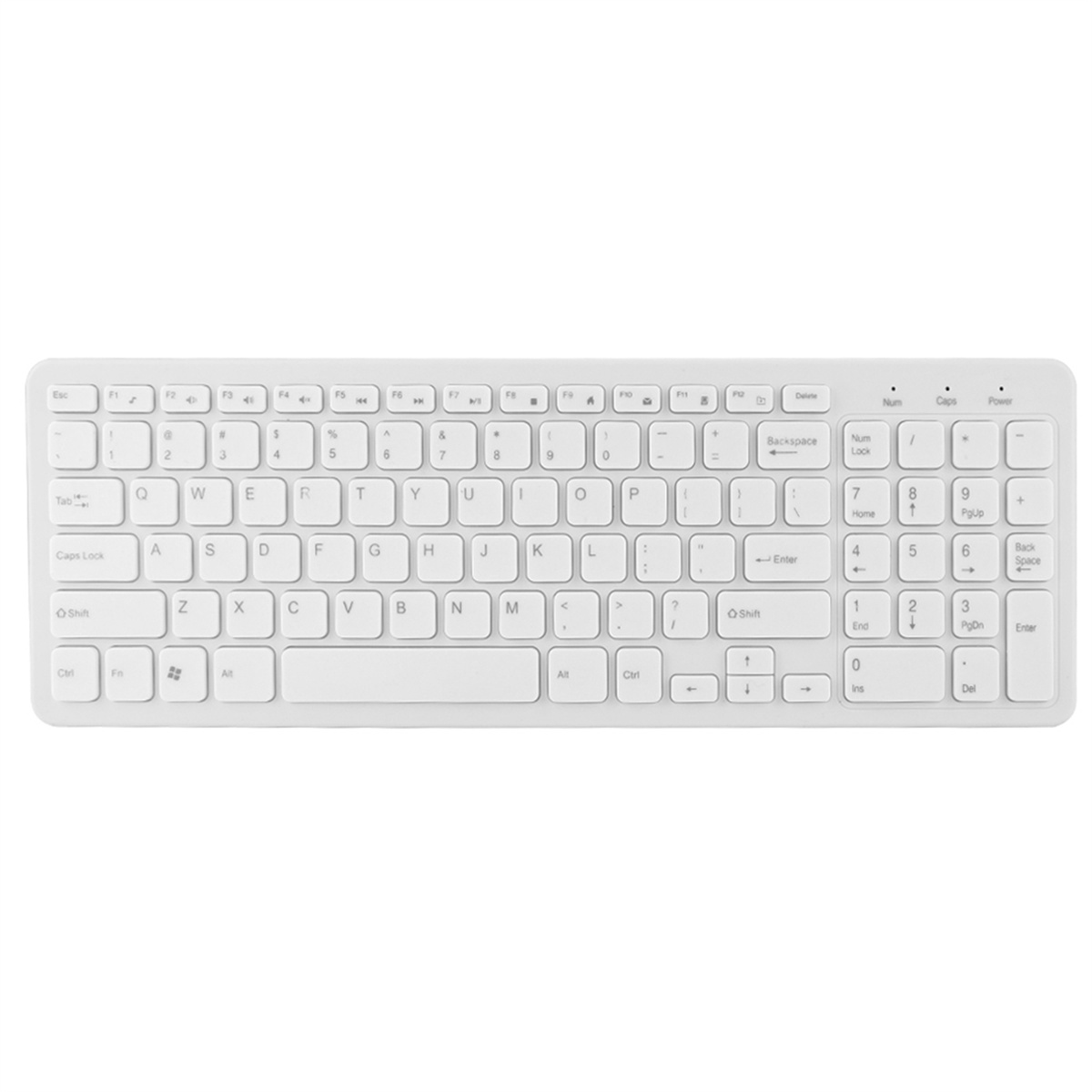 Eine weiße kabellose Tastatur mit vollständigem Tastenlayout. Sie ist rechteckig und hat eine Standard-Tastenanordnung.