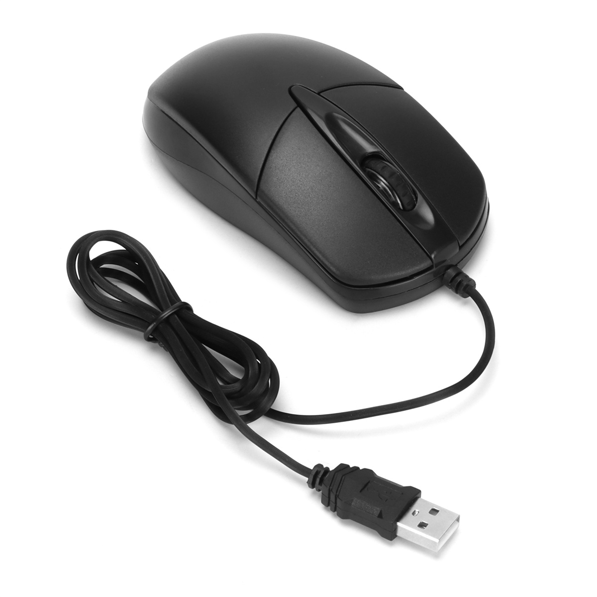 Schwarze Computermaus mit Scrollrad und USB-Anschluss auf weißem Hintergrund.