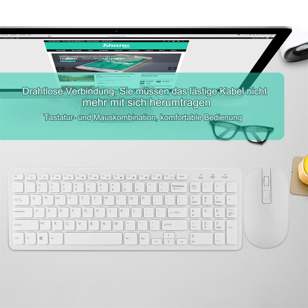 Weißes Tastatur- und Maus-Set auf einem Schreibtisch, mit Text über drahtlose Konnektivität.