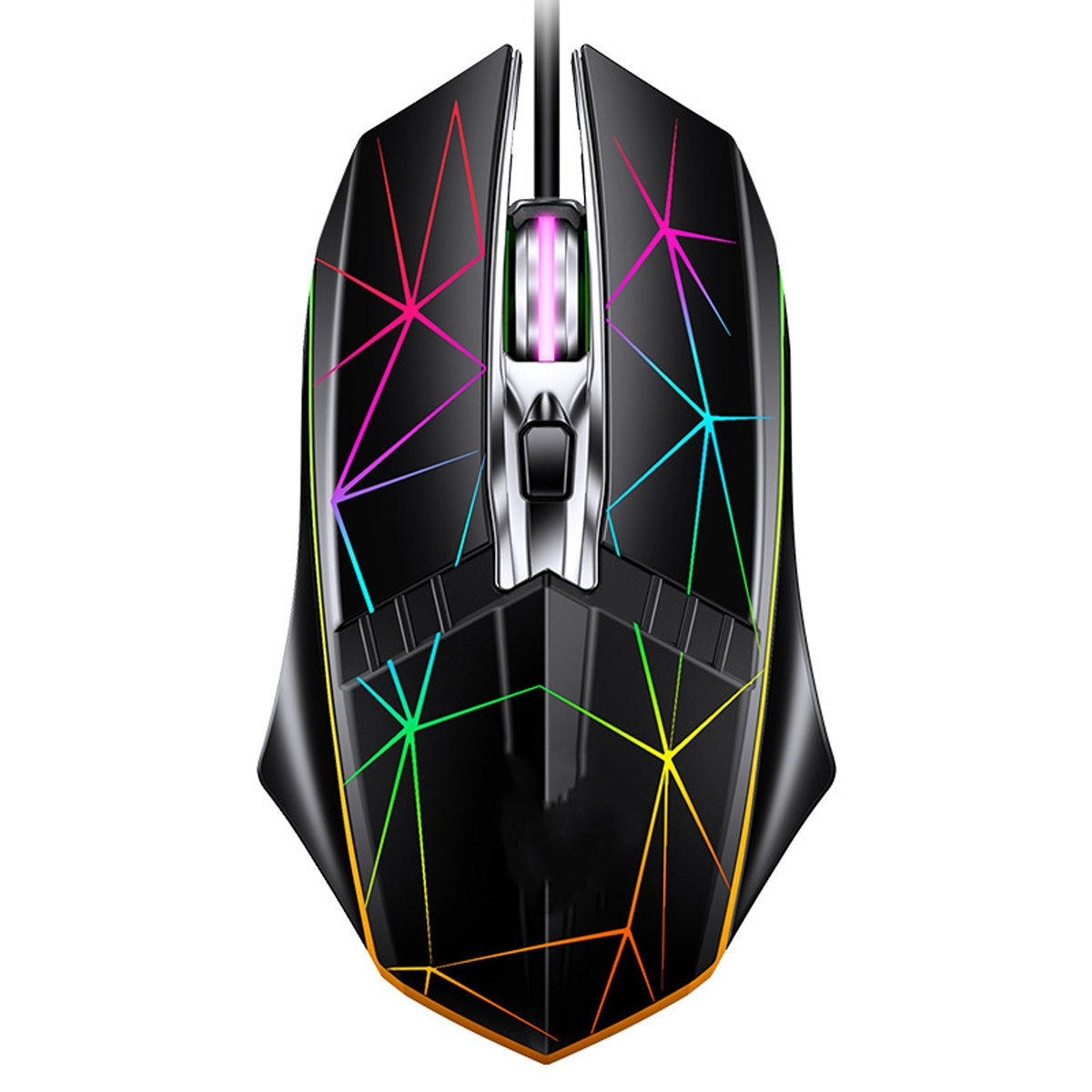 Schwarze Gaming-Maus mit farbiger Beleuchtung, Draufsicht, isoliert auf Weiß.