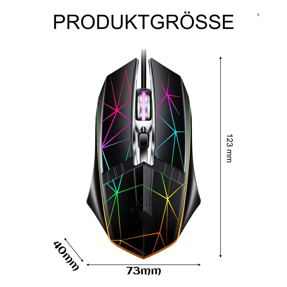Schwarze Gaming-Maus mit farbenfrohem geometrischem Design. Maße für die Größe werden angezeigt.
