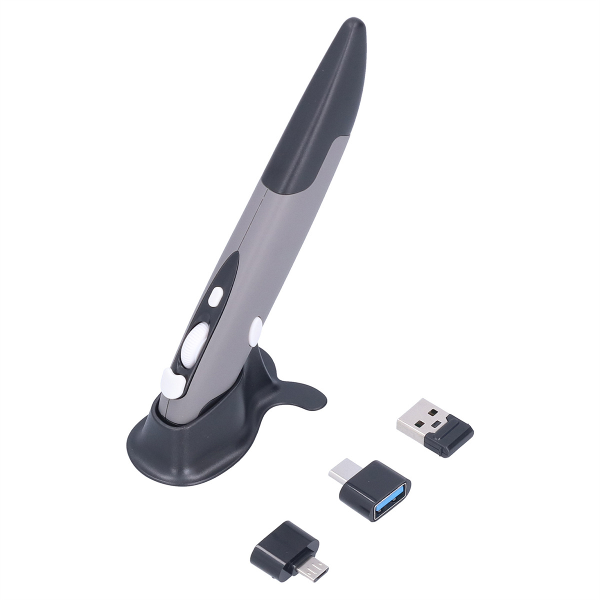 Graue stiftförmige Maus mit USB-Adaptern auf weißer Oberfläche.