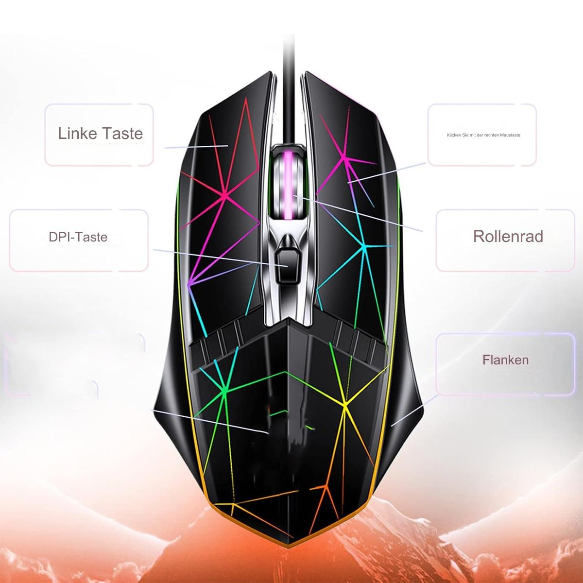 Schwarze Gaming-Maus mit bunten Lichtern. Sie hat Tasten: DPI, Rollenrad, Linke Taste und Flanken. Berge im HG.