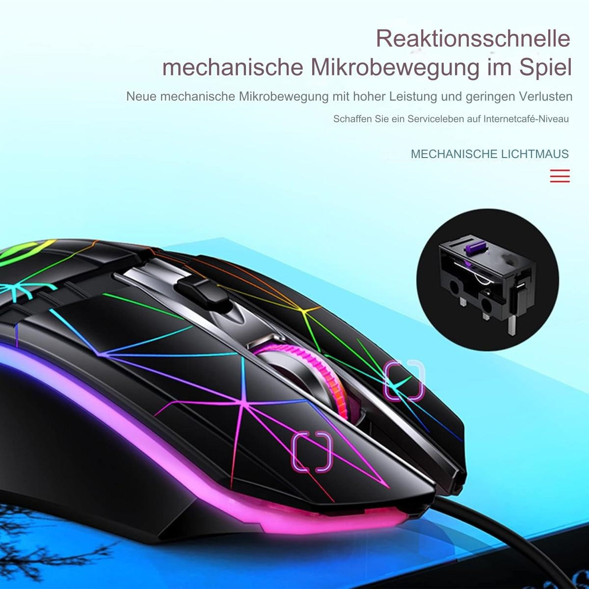 Schwarze Gaming-Maus mit bunten Lichtern und einem kleinen Komponentenbild. Text auf Deutsch.