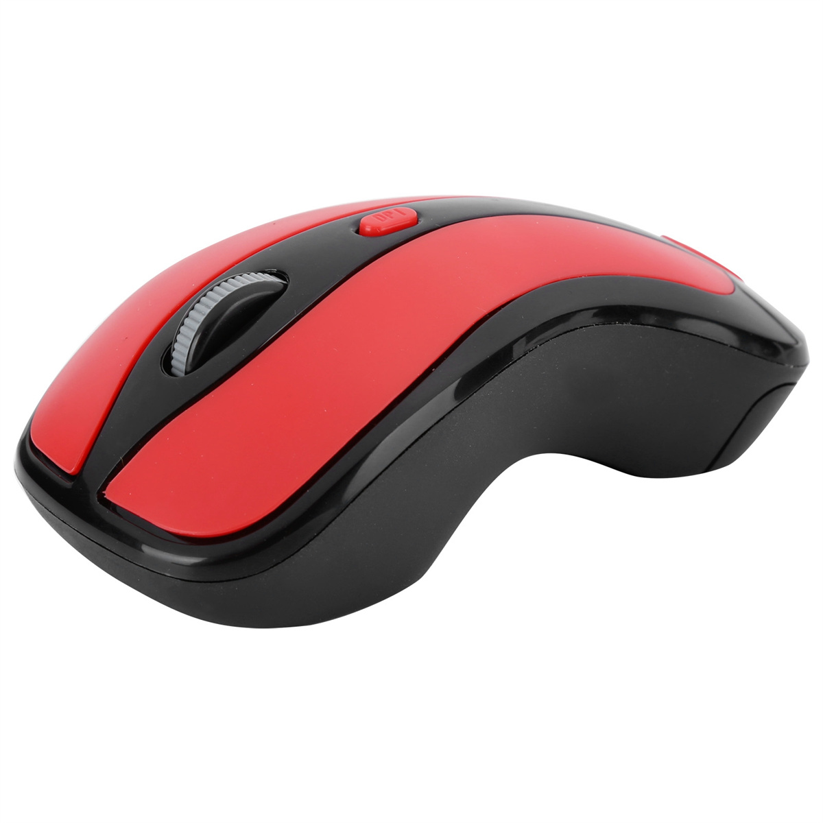 Rote und schwarze kabellose Computermaus. Hat ein Scrollrad und eine DPI-Taste.