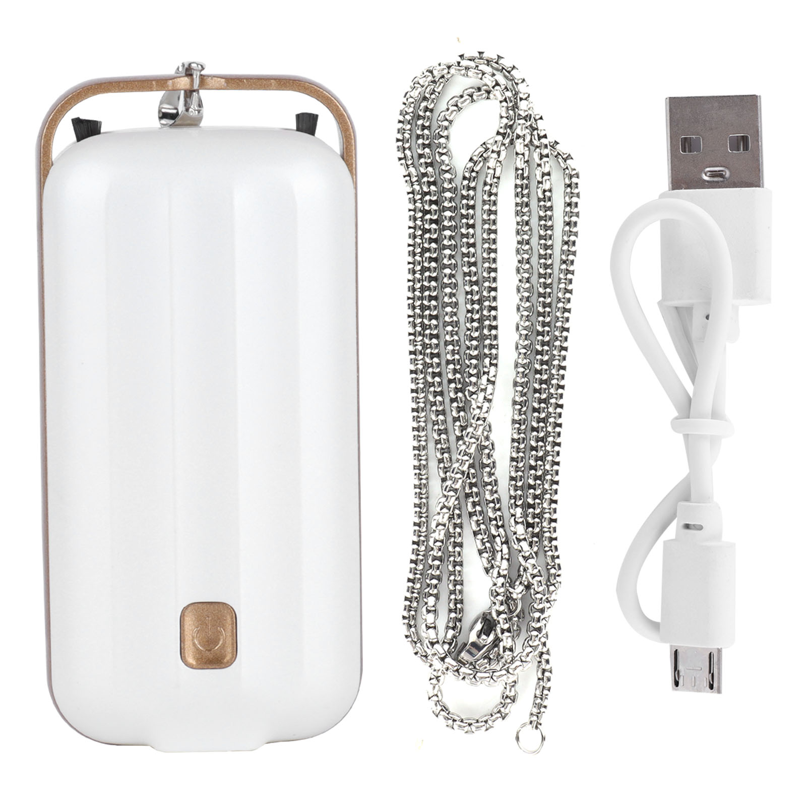 Weißer und goldener Luftreiniger mit Kette und USB-Kabel auf weißem Hintergrund.