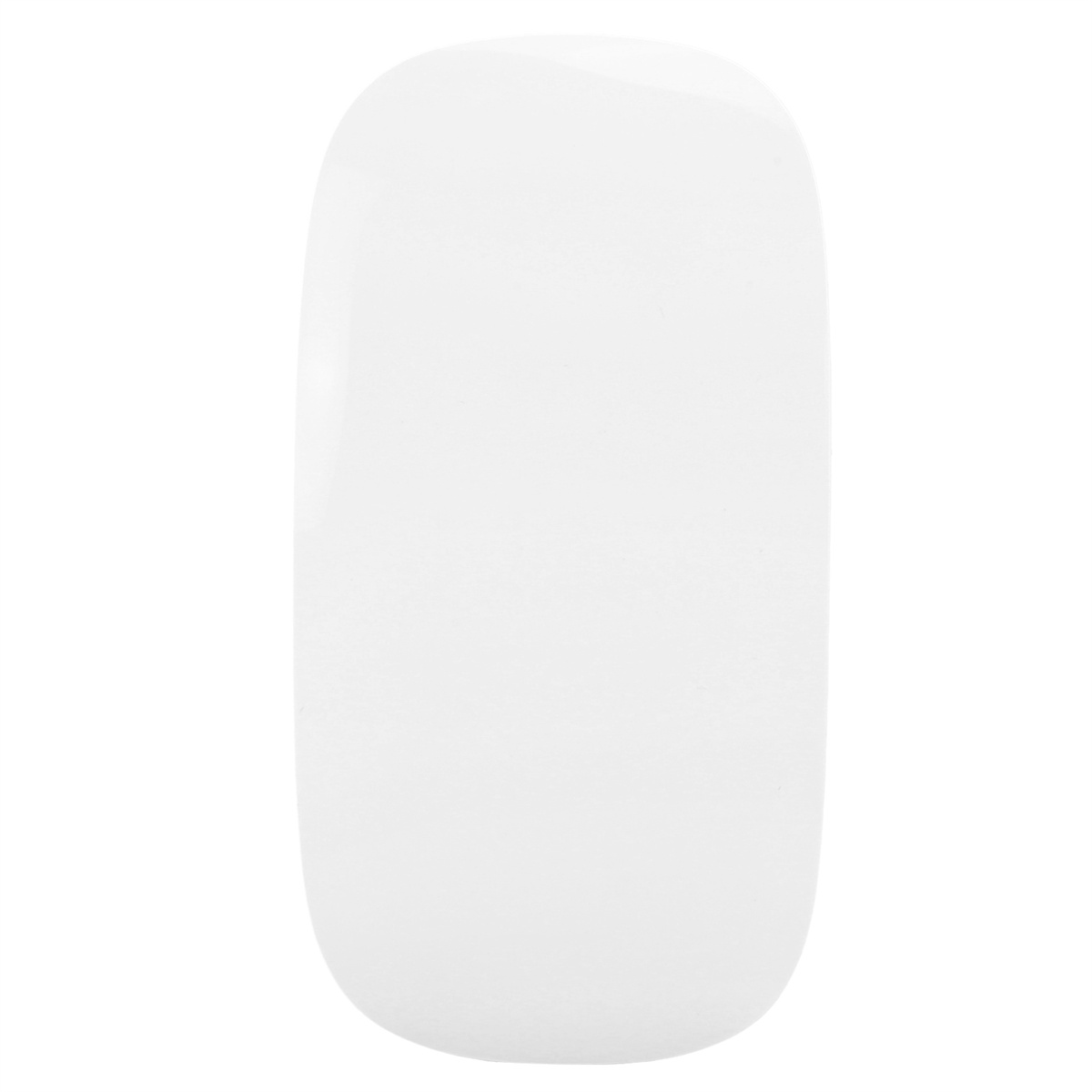 Eine weiße, schlanke Computermaus. Sie hat ein minimalistisches Design und eine flache, ovale Form.