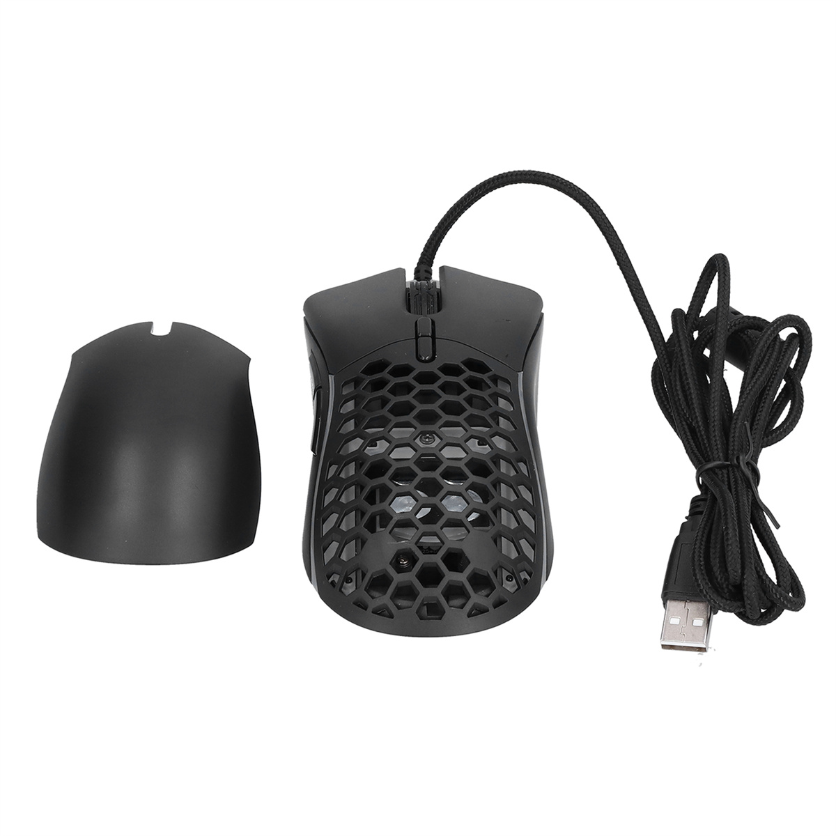 Eine schwarze Computermaus mit Wabenmuster. Ein abnehmbares Seitenteil und ein USB-Kabel sind sichtbar.