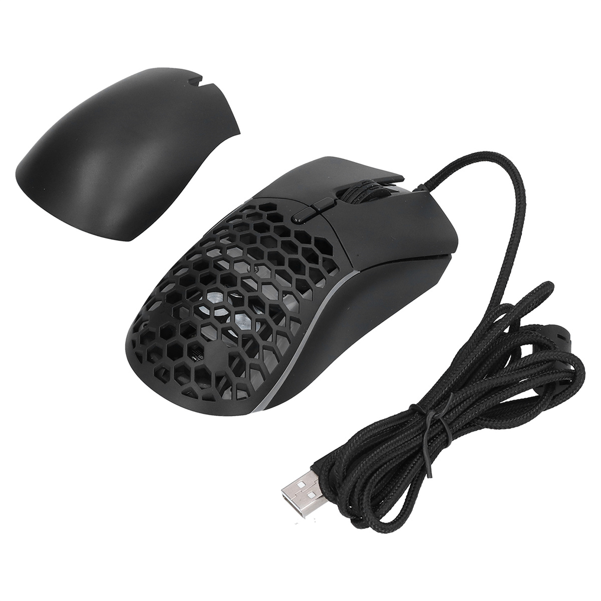 Eine schwarze Gaming-Maus mit Wabenmuster, abgetrennter Oberseite und schwarzem geflochtenen USB-Kabel.